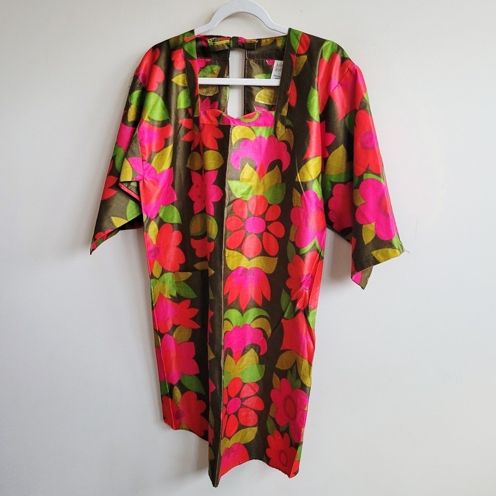 Vintage Design House Smock Apron Green & Pink Flower Power