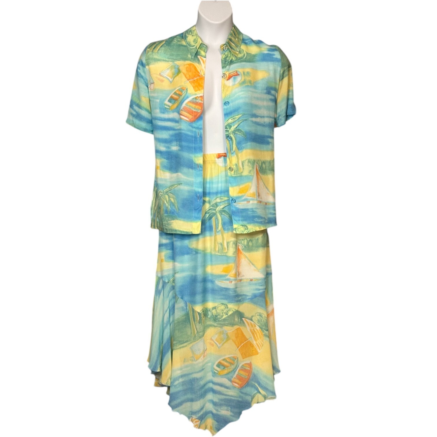 Vintage 90s Aloha Rayon Skirt Set Beach Scenic Print Outfit Cruise USA Size L