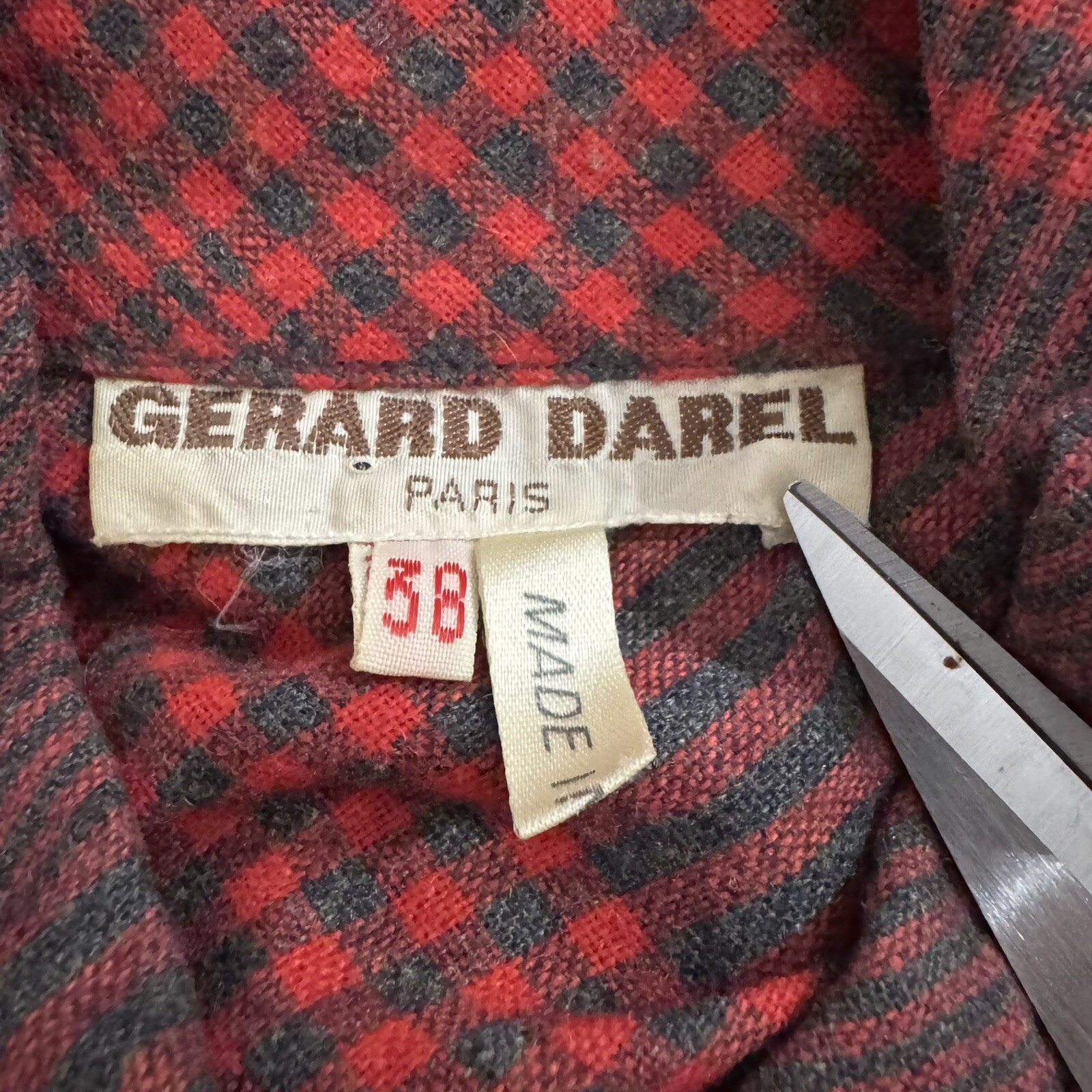 Vintage Gerard Darel Dress Red Gray Plaid Women’s Sz 38 ( US Sz 6) Long Sleeve