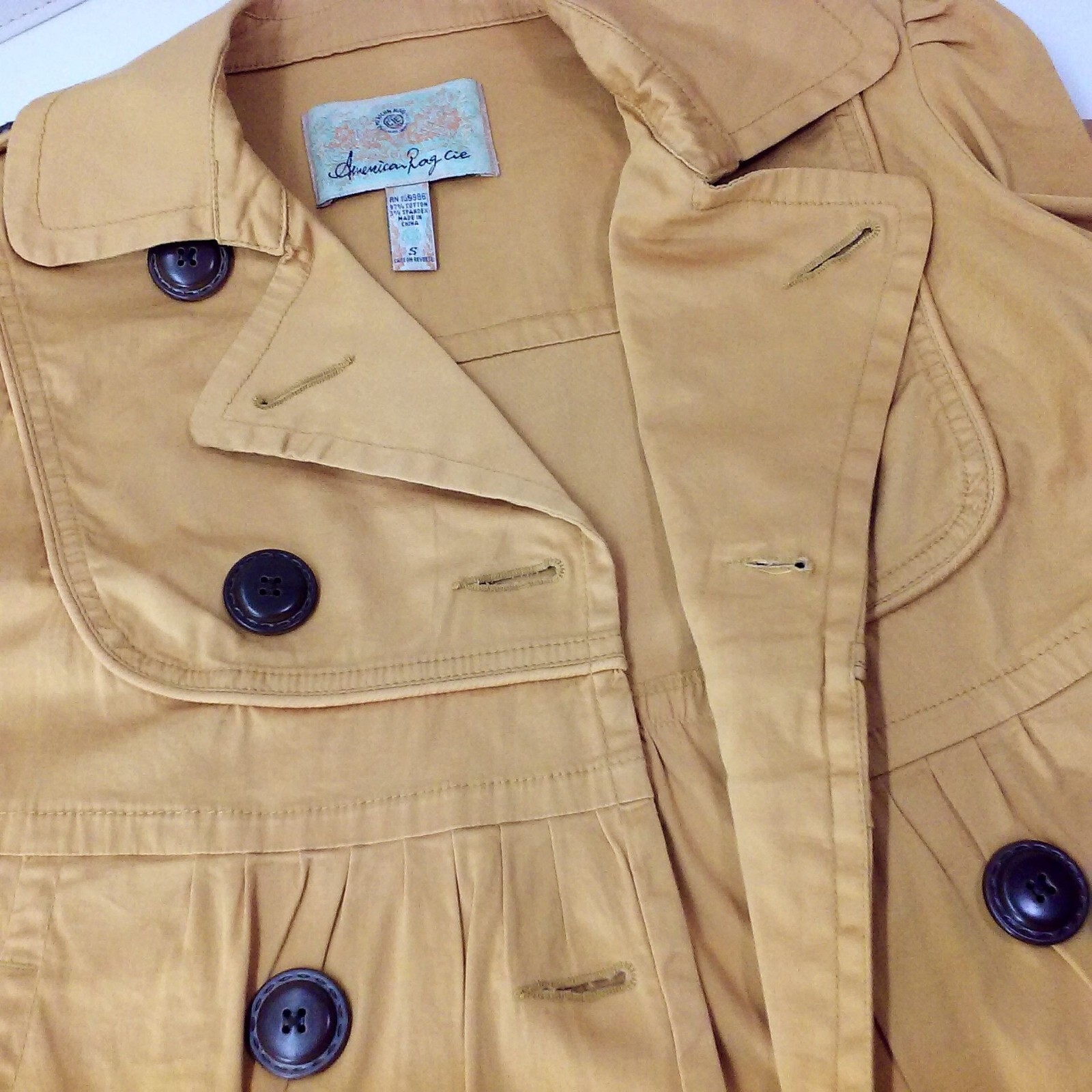 Vintage 90s American Rag Pea Coat Crop Jacket -S Pockets Buttons Safari Mustard