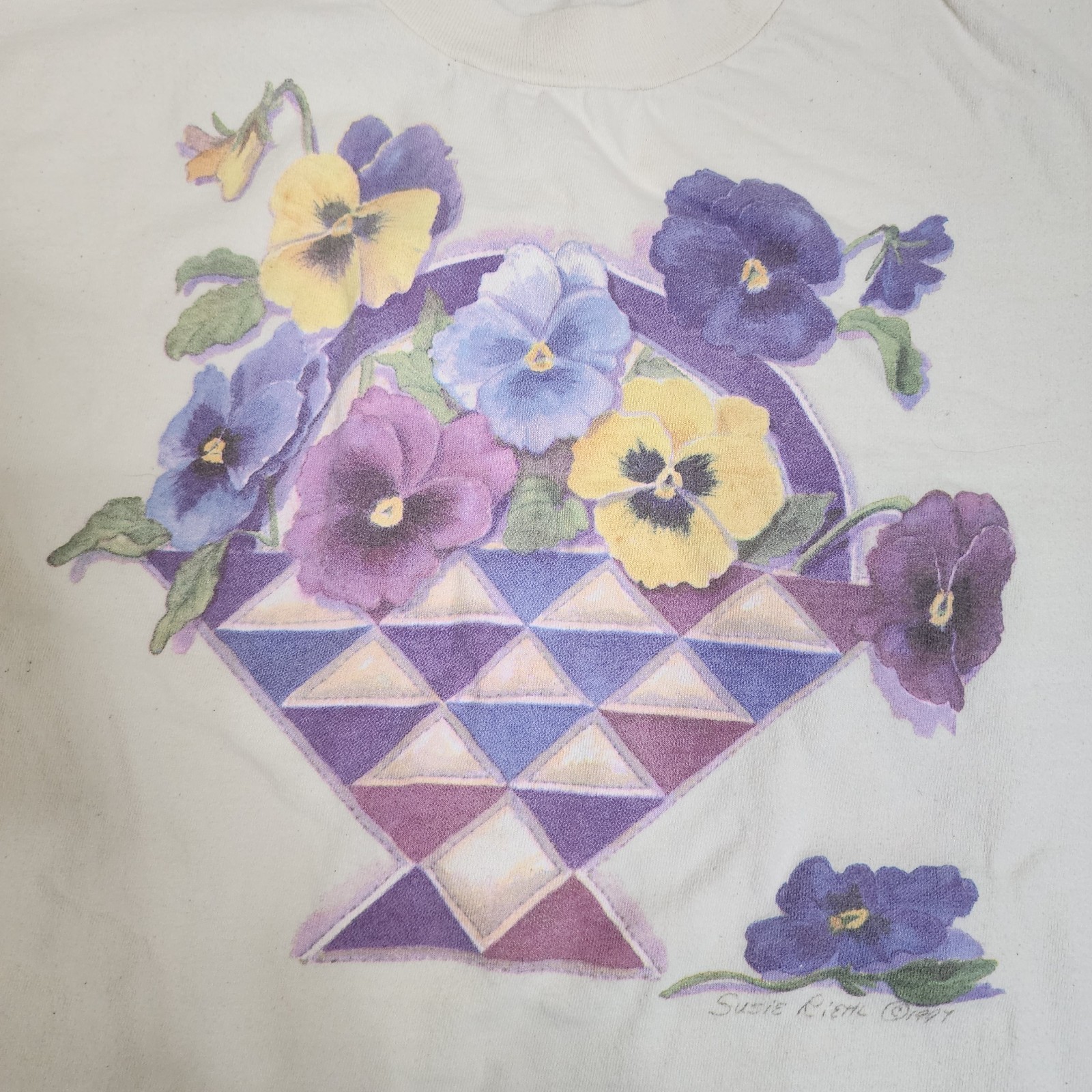 Vintage 1997 T Shirt PA Dutch Amish Artist Susie Riehl Pansy Floral Size XL