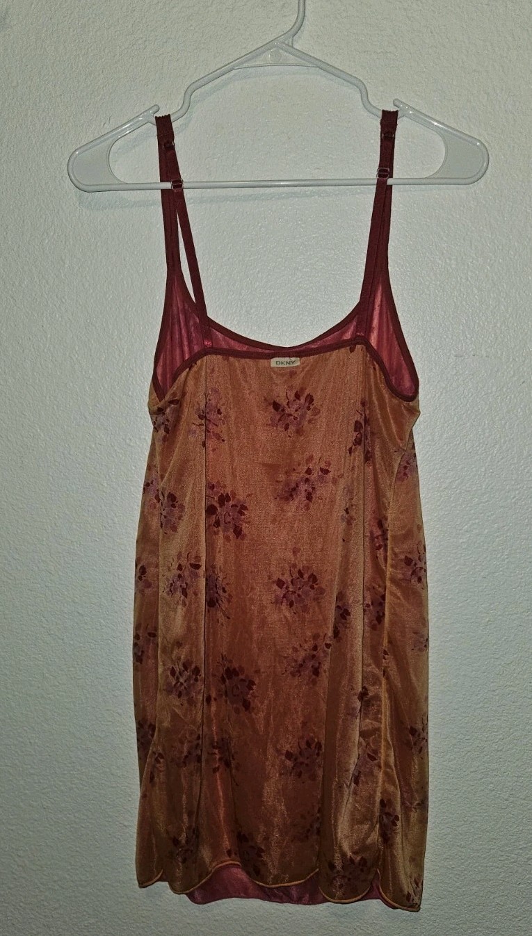 Vintage Y2K DKNY Sheer Floral Iridescent Slip Dress Cami Orange Pink M