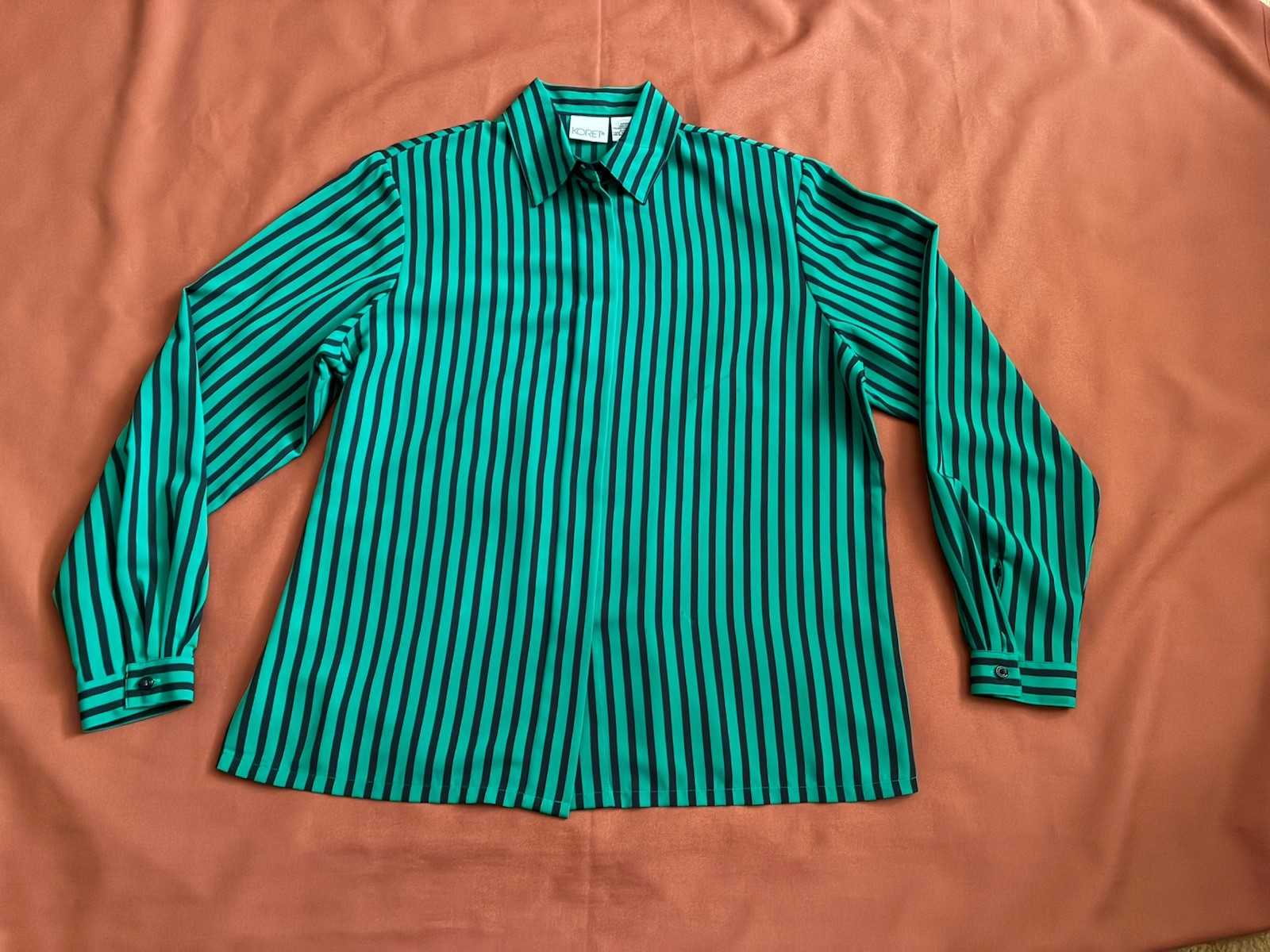 VTG Koret Green Black Stripe Long Sleeve Button Blouse Shirt Size 12