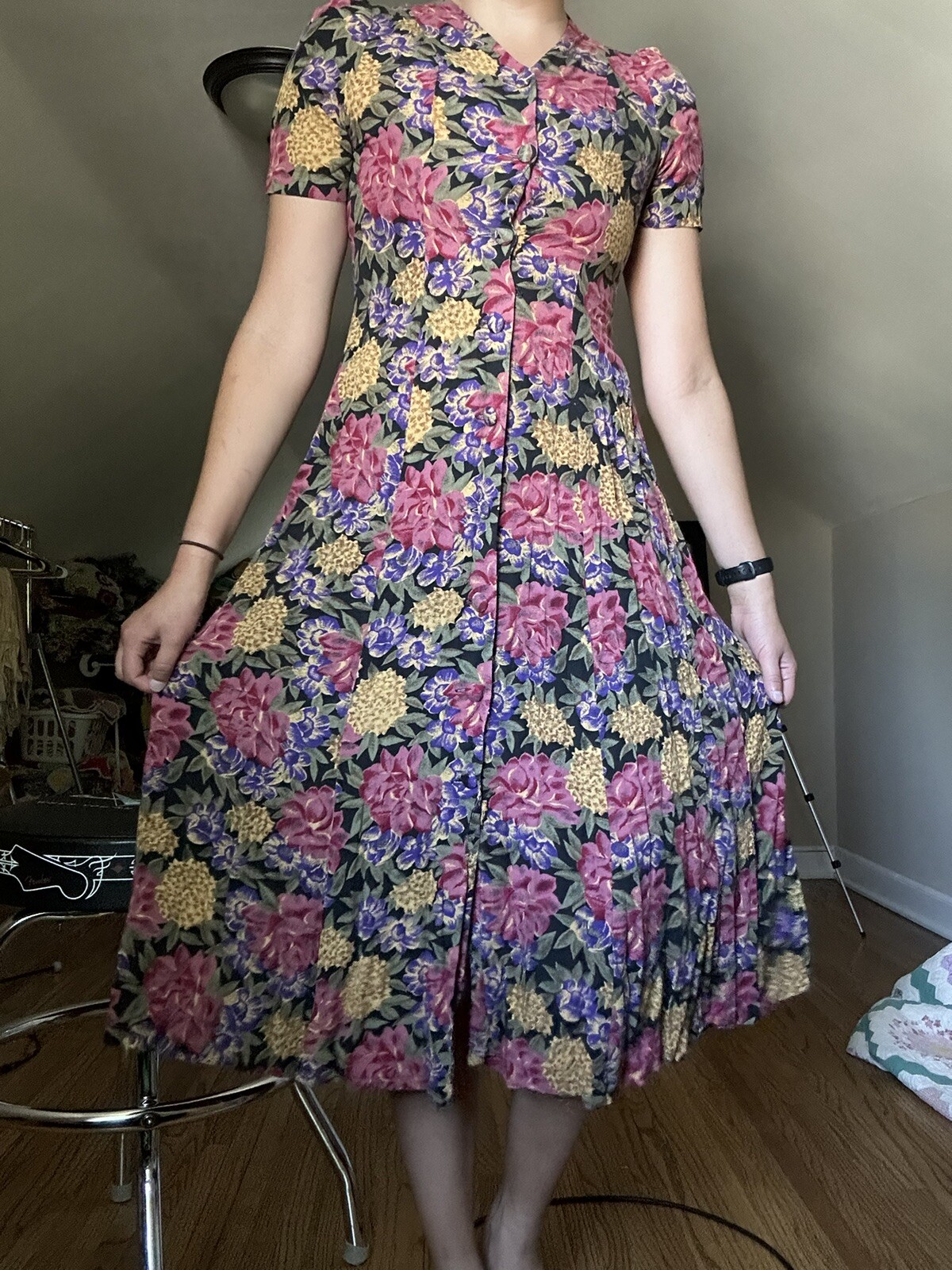 Vintage Jamie Brooke Black Floral Short Sleeve Button Front Corset Midi Dress