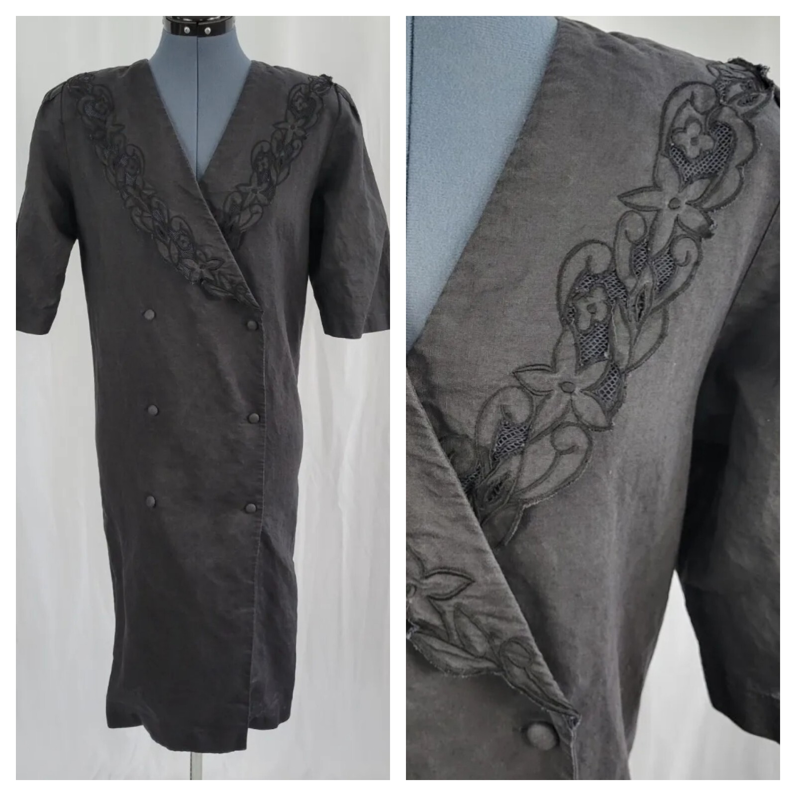 Vintage Carry Back Black Double Breasted Dress w Embroidered Collar Size 8