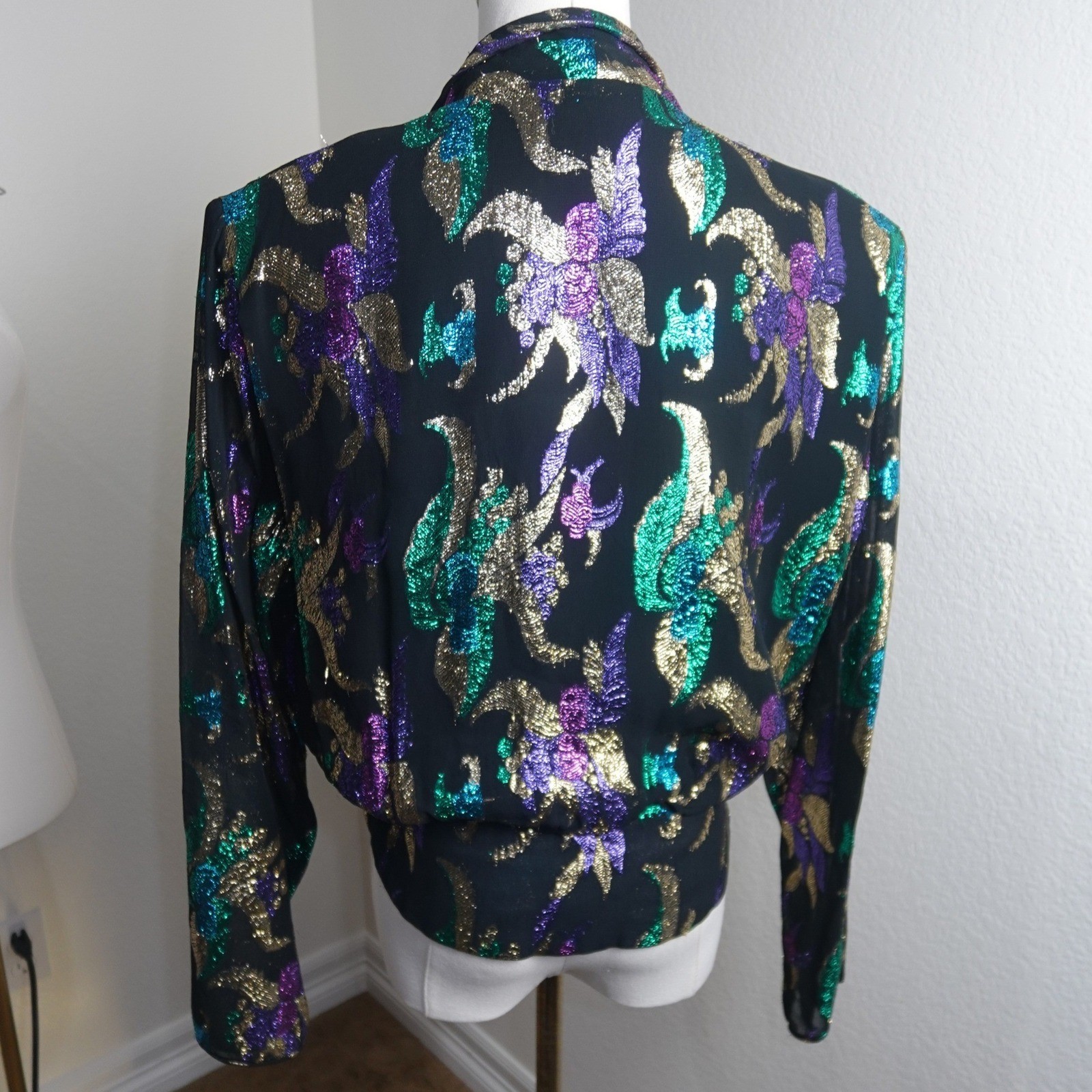 Vintage Anne Klein Black Metallic Abstract Blouse Purple Teal Gold Glam Top 80’s