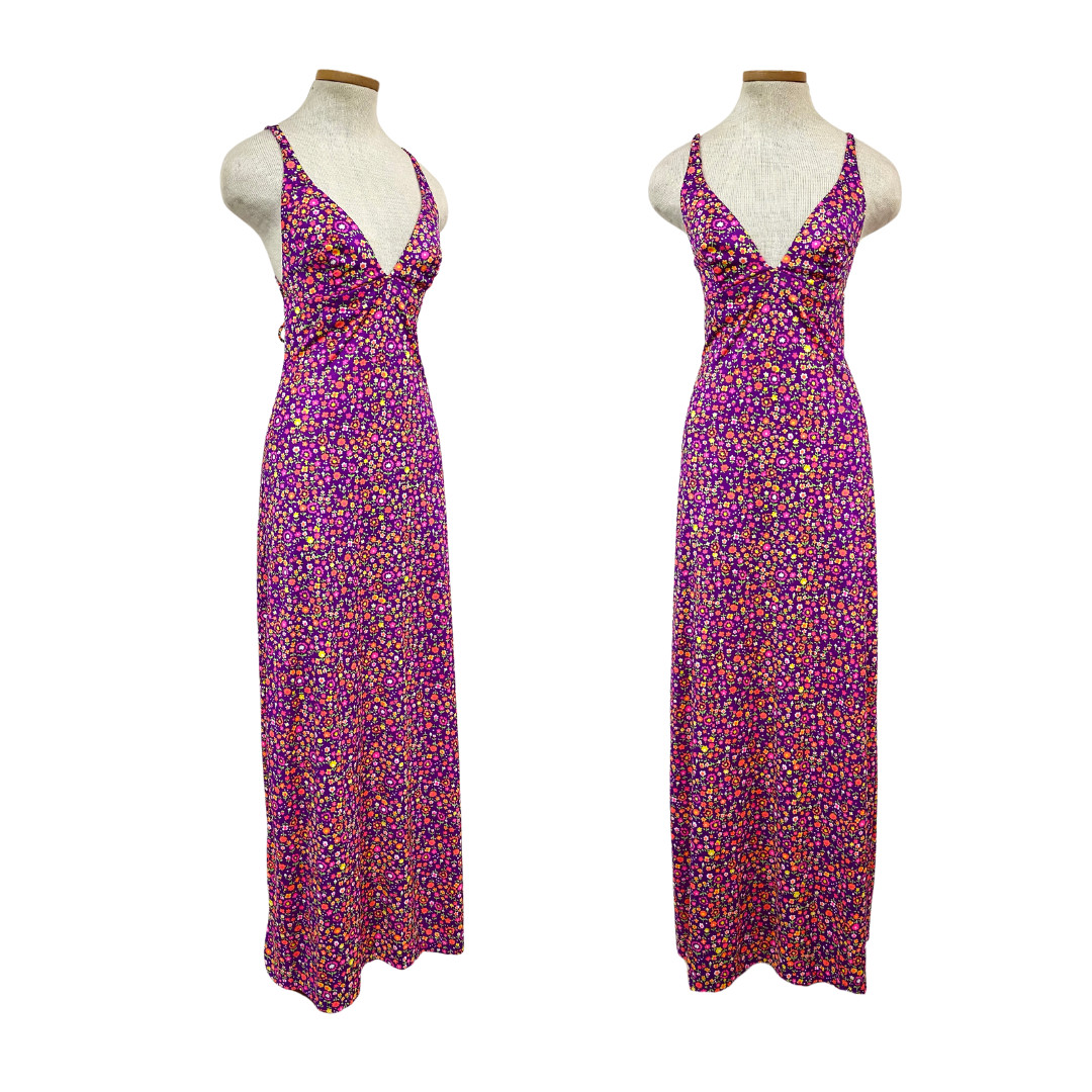 Vtg 70s High Tide California Strappy Crisscross Flower Power Dayglo Era Maxi
