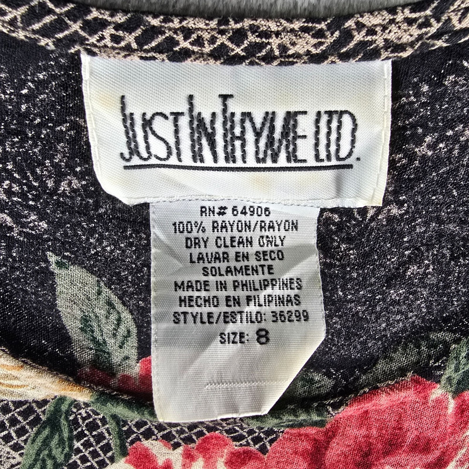 Vintage 1990s Just in Thyme Rayon Black Floral/Lace Print Prairie Dress (8/M)