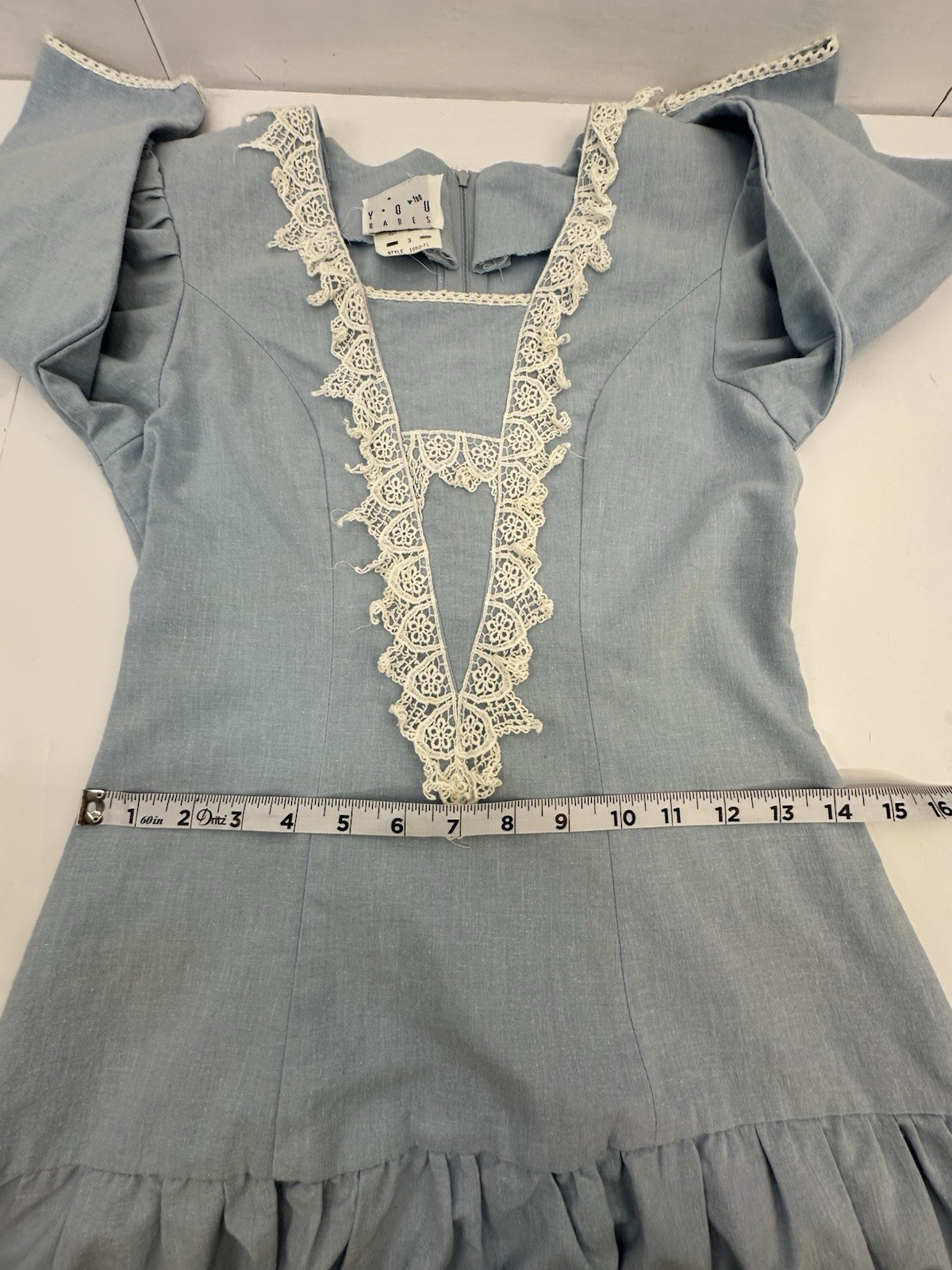 VTG You Too Babes Prairie Cottagecore Midi Dress Lace Blue USA 3 READ S-XS