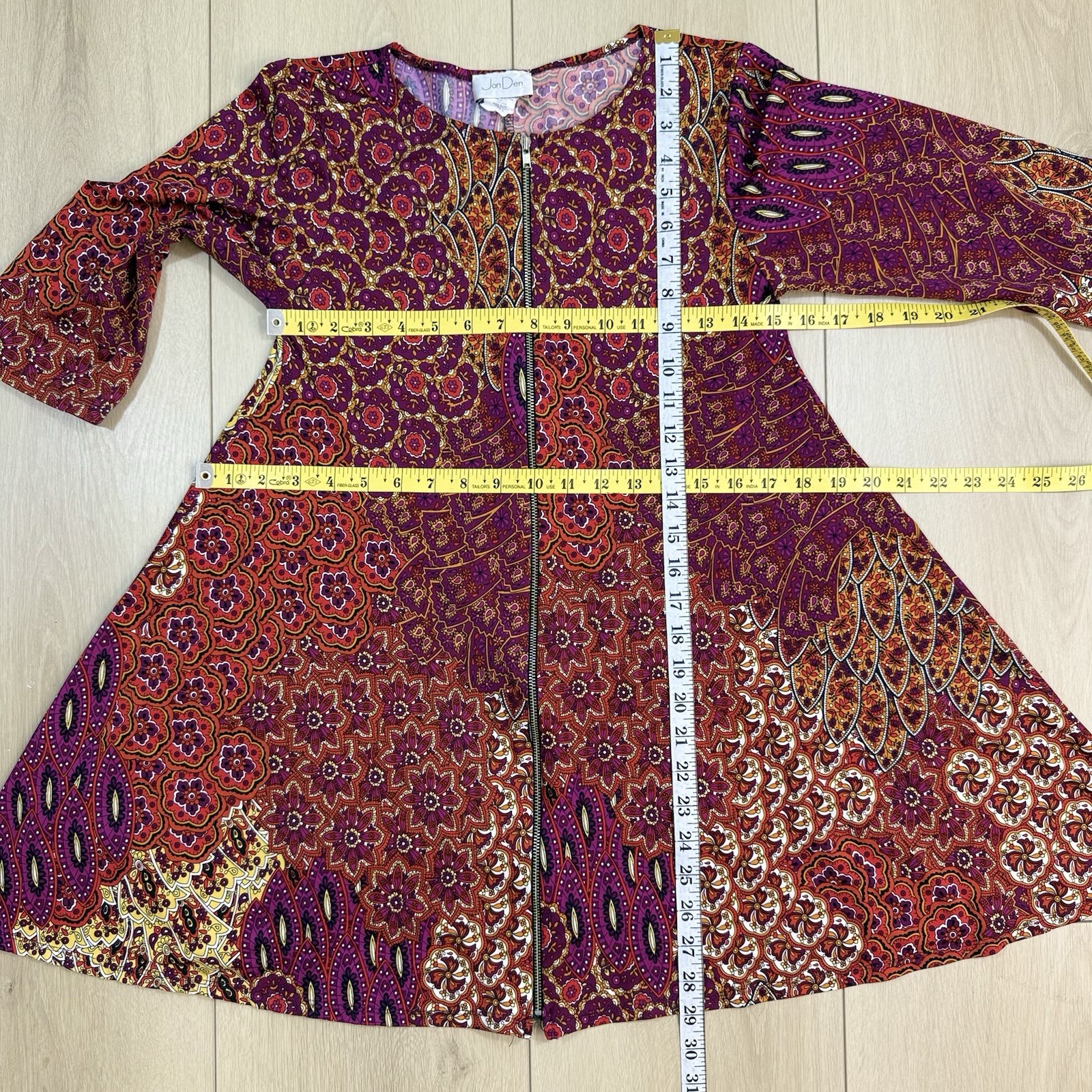 Vintage JonDen USA Boho Zip Front Tunic Dress M Psychedelic Floral 70s Style