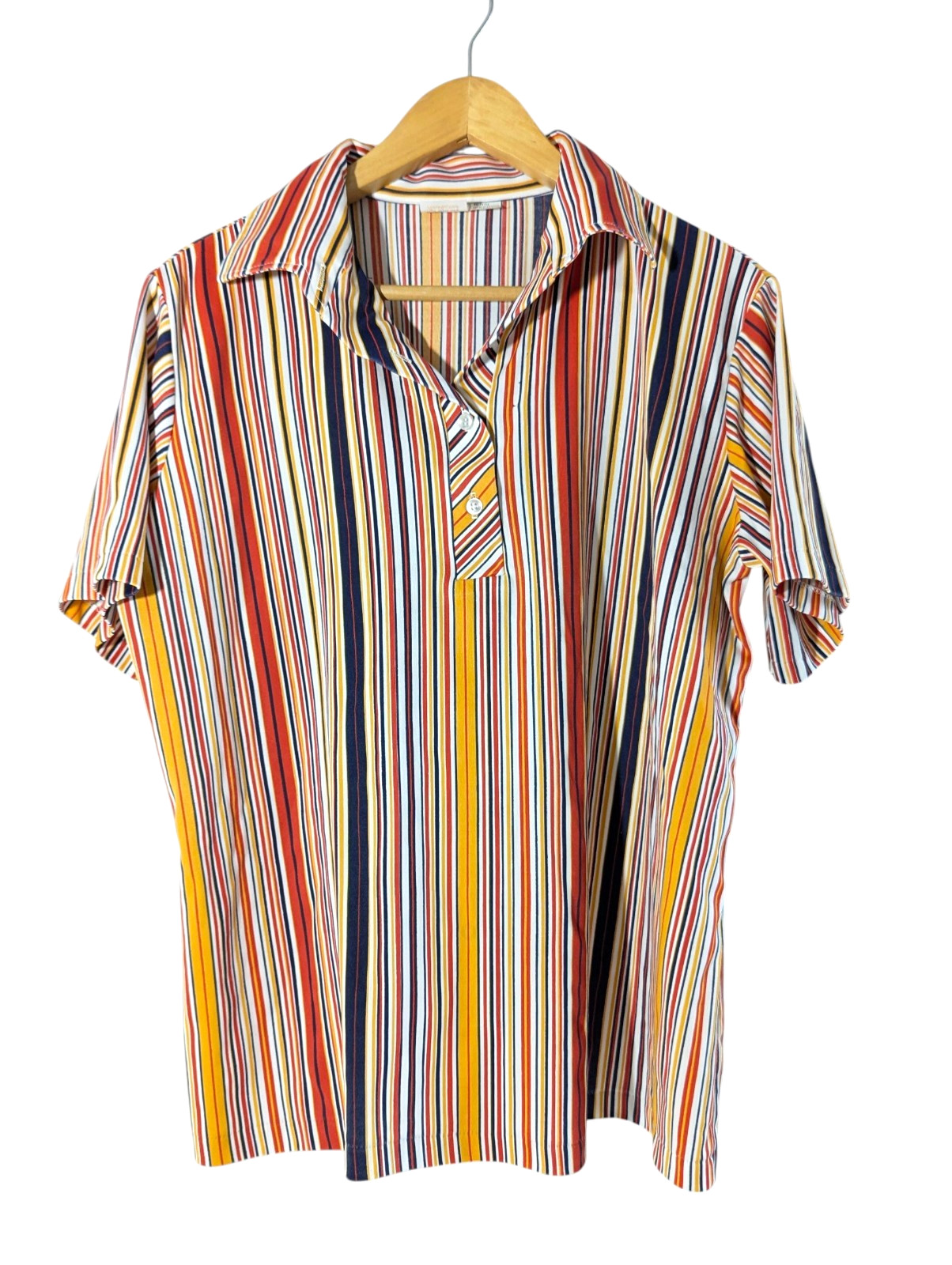 Vintage JC Double Knit Polyester Woman Striped Blouse Shirt Sz XL Short Sleeve