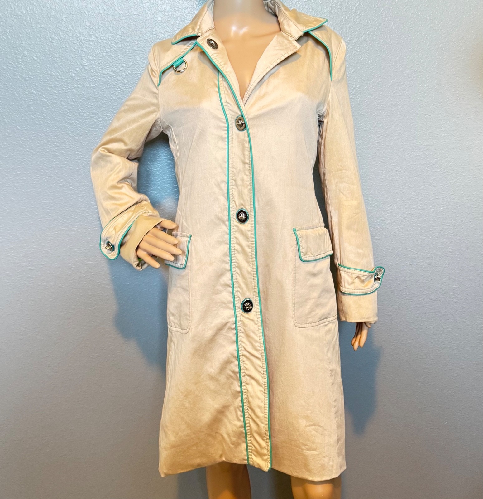Vintage Coach Trench Coat with Teal Leather Trim and Polka Dot Lining Size 4