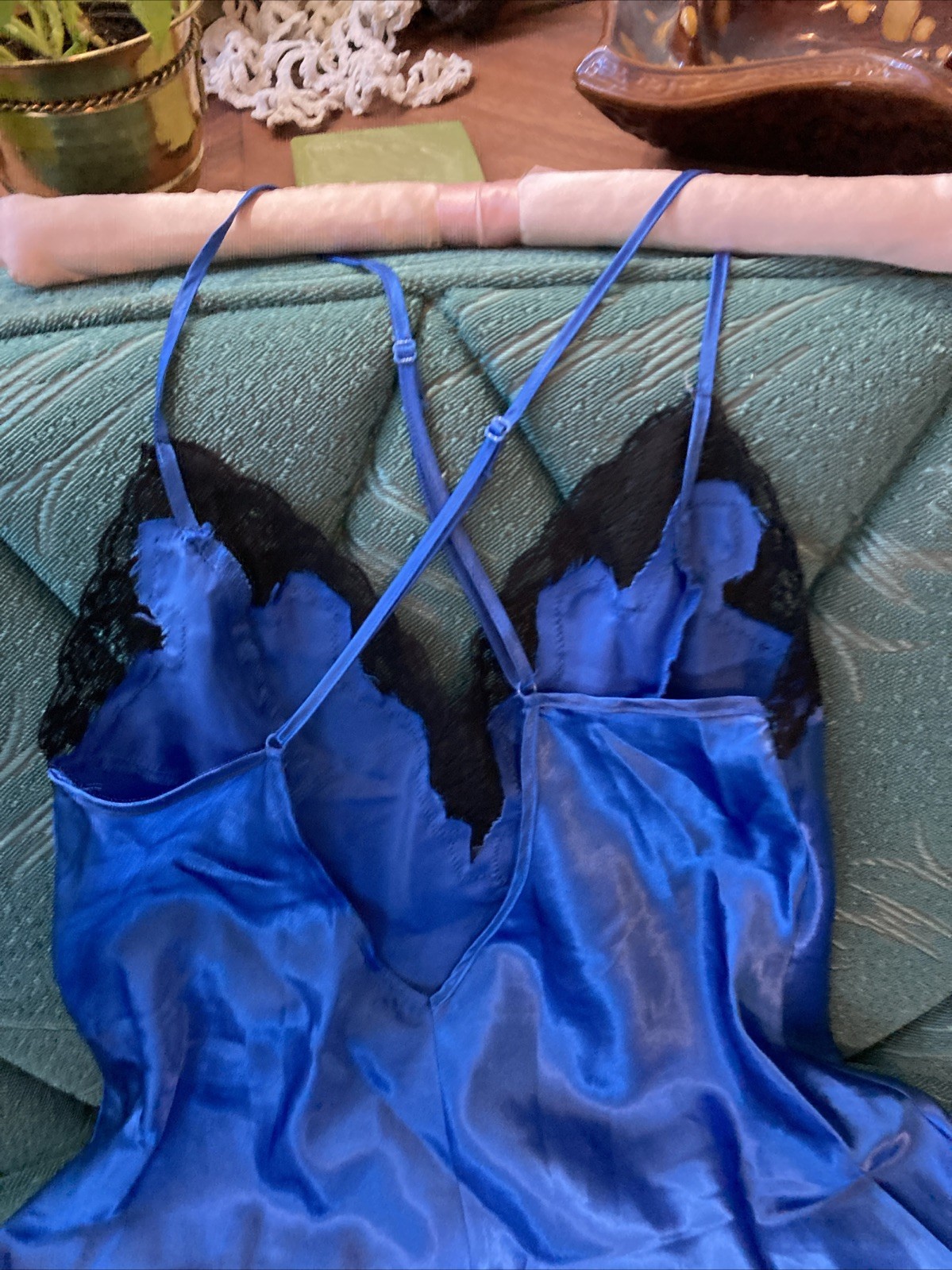 Vintage Frederick’s Of Hollywood Slip Chemise Blue W Black Lace Small