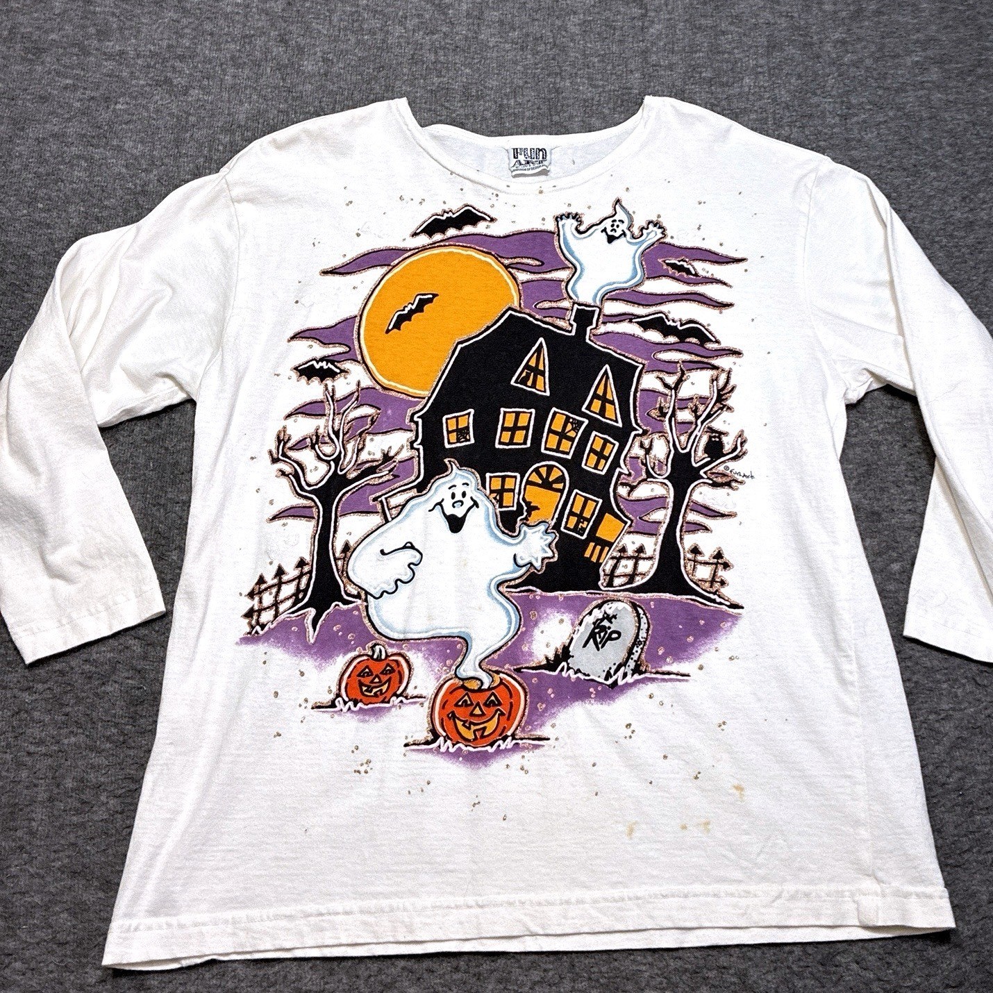 Vintage 90s Hand Painted Artist T Shirt Large Crazy Fun Art Made in USA Spooky