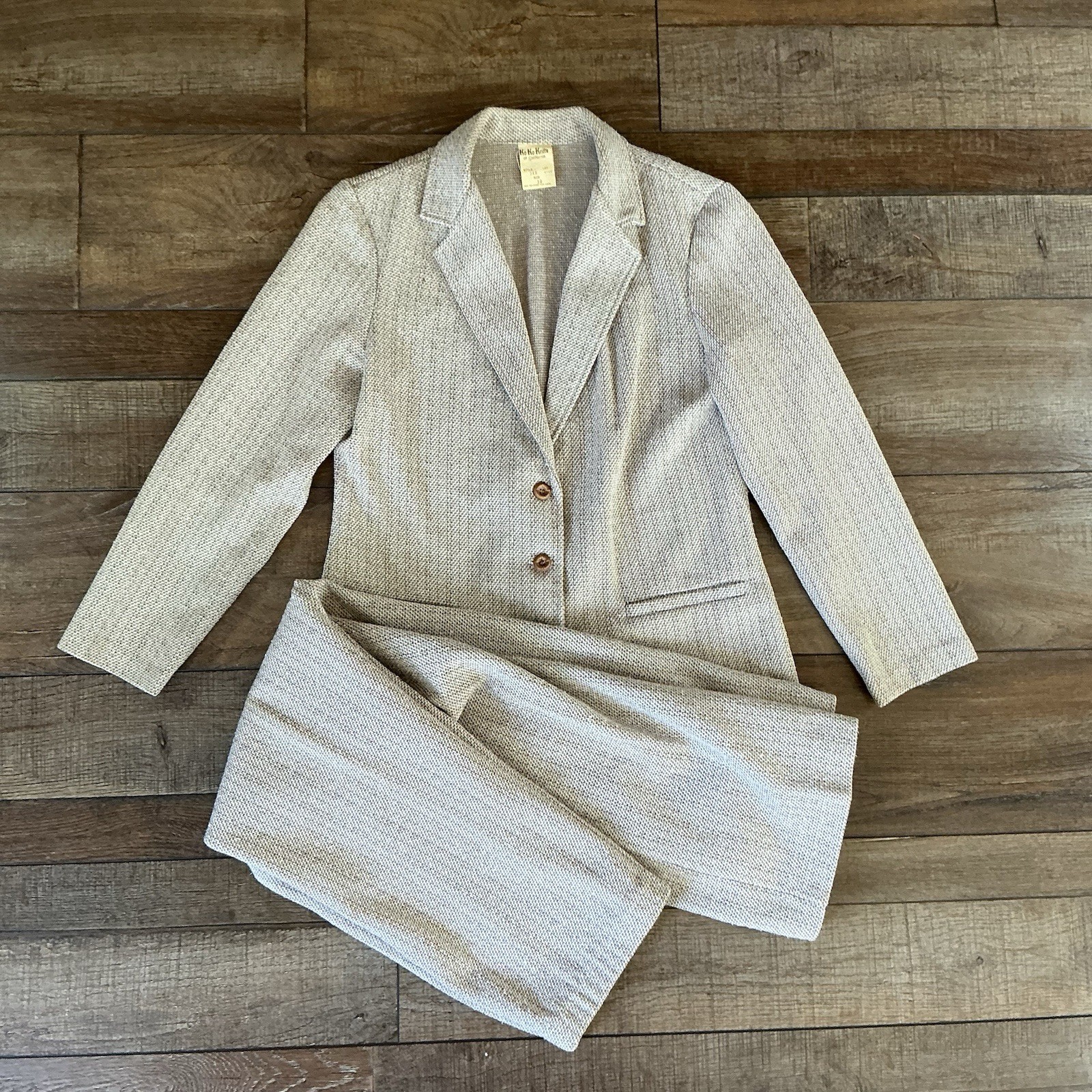 VINTAGE KoKoKnits California Pant Suit Womens 10 Tan Houndstooth USA Set #45C8
