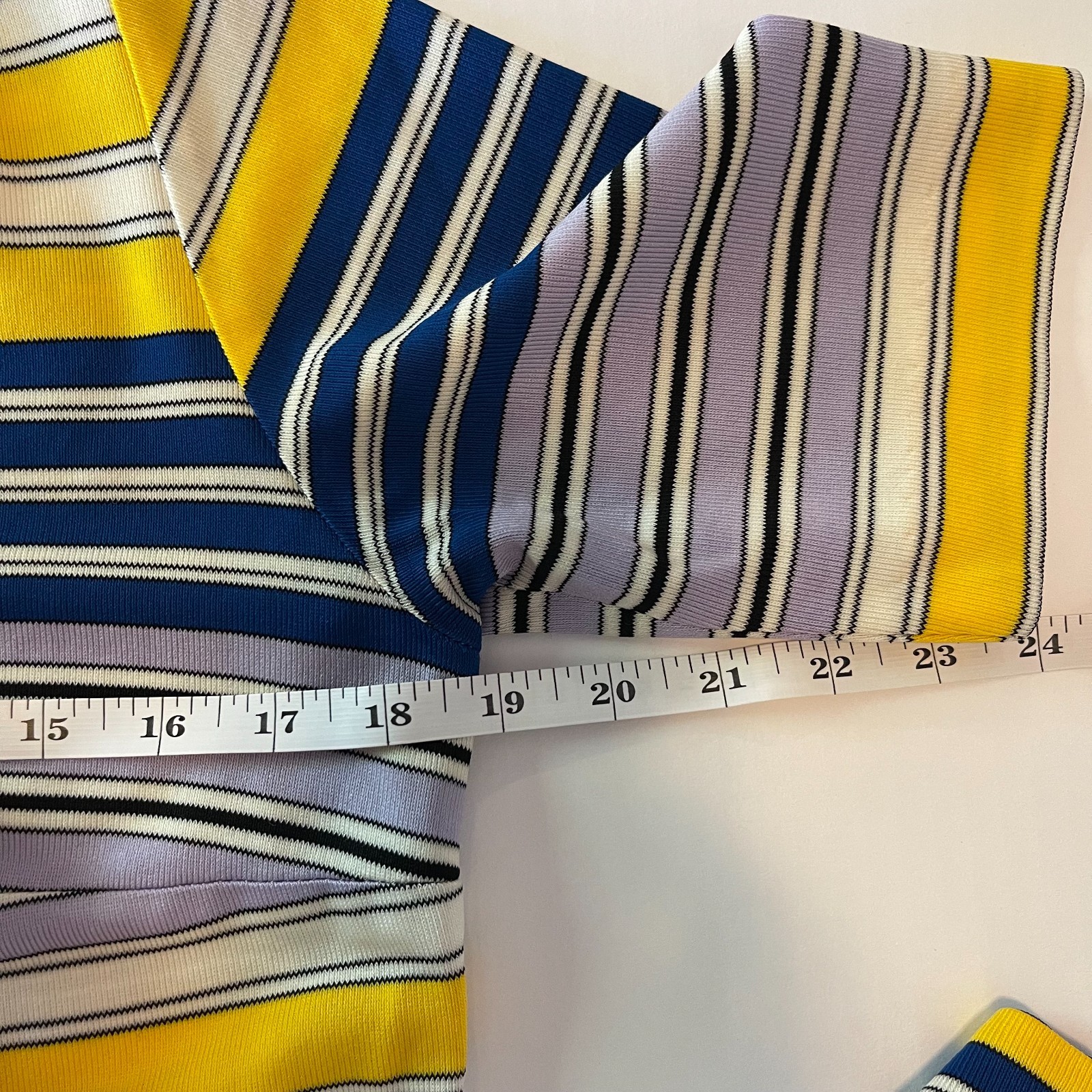 Vintage 60s Aladdin Striped Top Blouse Yellow Blue Purple V-Neck with Waist Tie