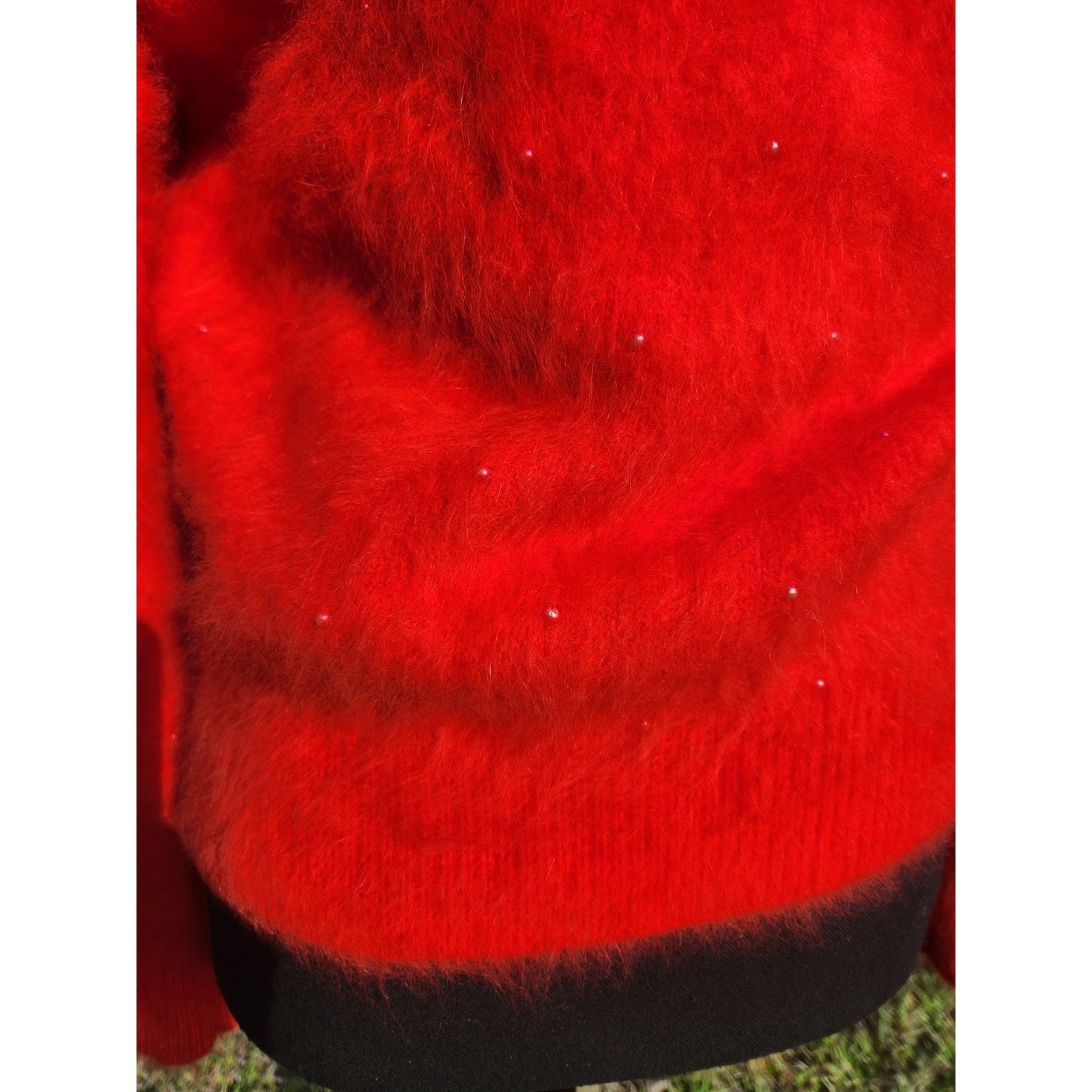 ANGORA Vtg TOMATO RED SWEATER Soft Bead Puff Sleeve Pullover Hi Neck Top M 38