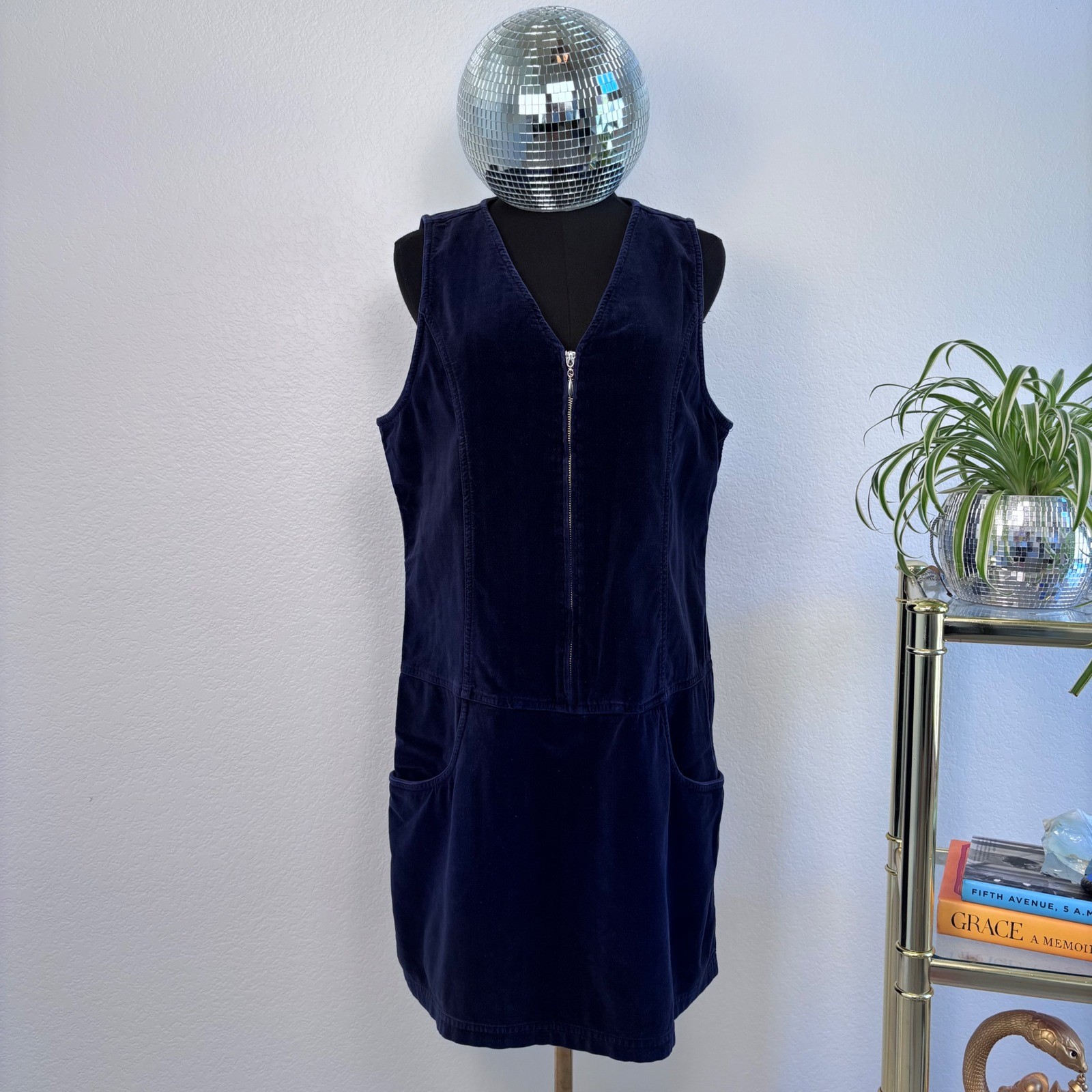 VNTG 90s EXP Jeans by Express Corduroy Zip Front Jumper Dress Sz 11 / Large Blue
