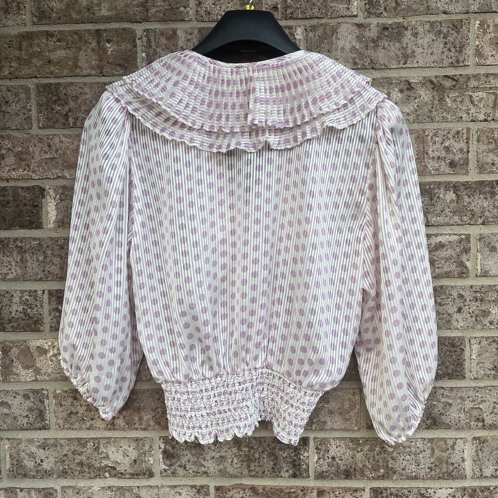 Susan Freis Vintage 80s Sheer Ruffled Boho Blouson Top Pink Polka Dot Small USA