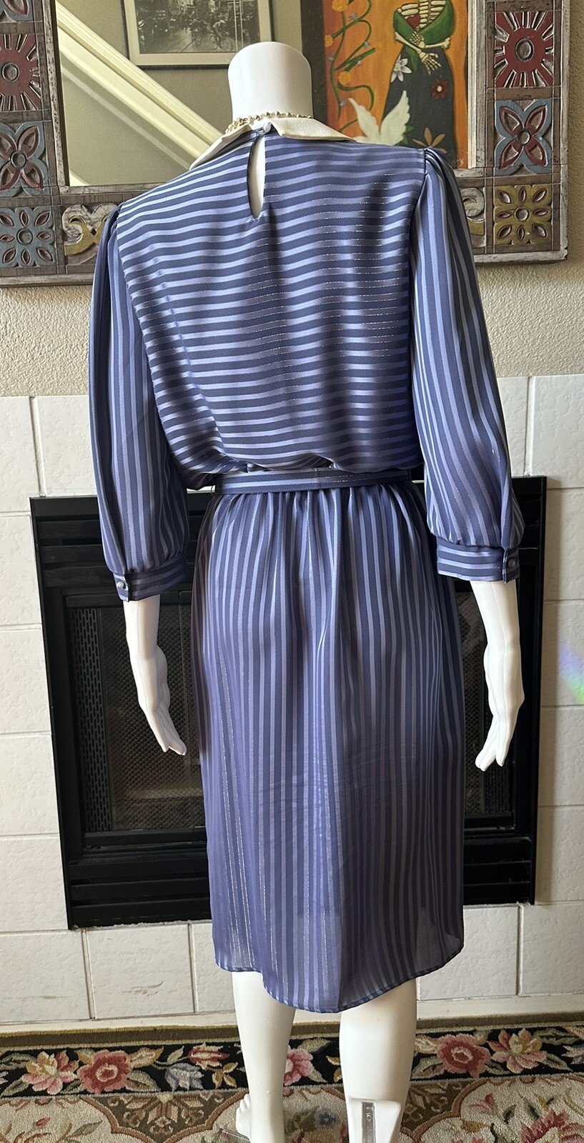 Vtg 80s JSJ Belted Dress Womens Polyester Blue Dynasty Style 34” Bust 28” Waist