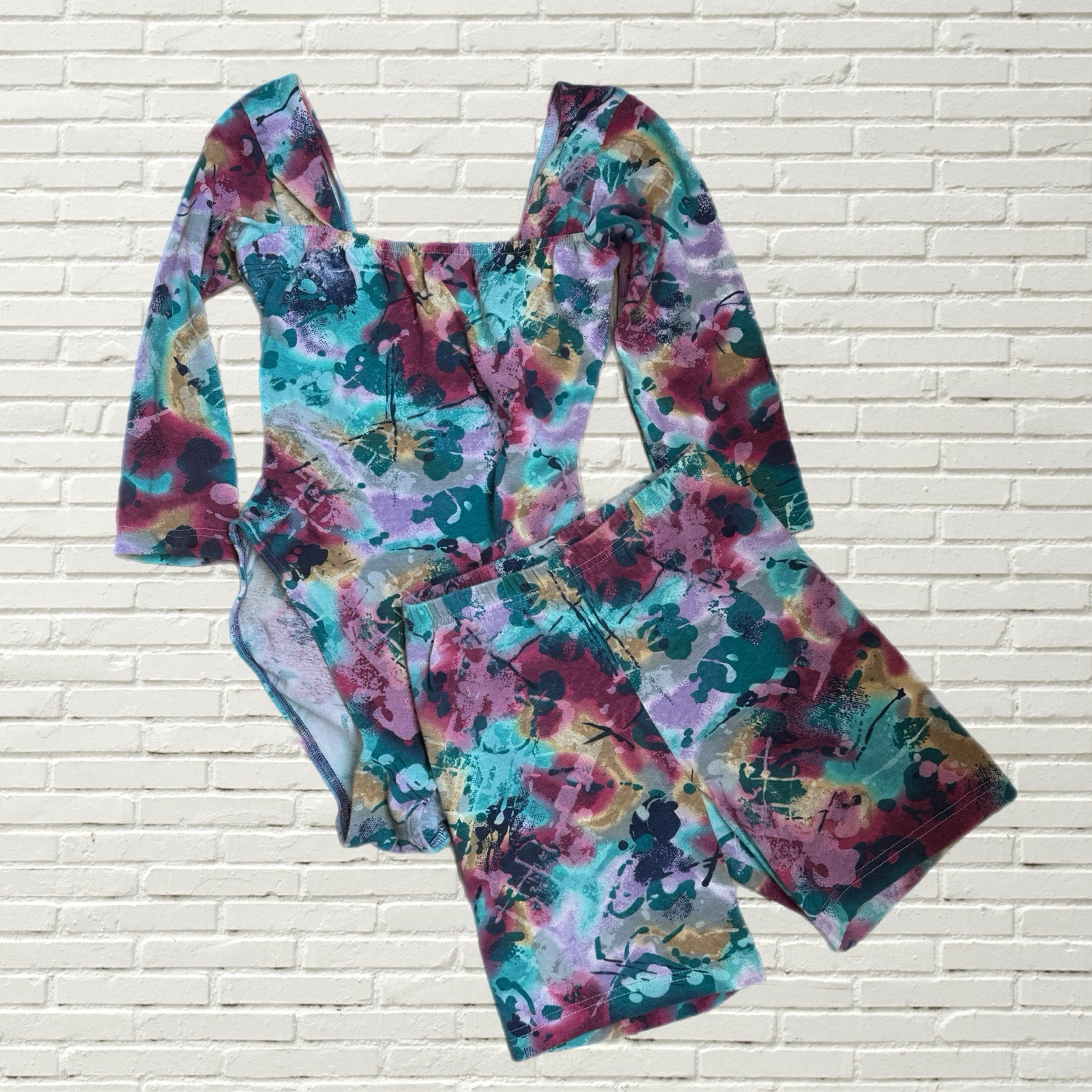 Vintage 80s Aerobic Workout Set – Abstract Print Bodysuit & Biker Shorts Xs/s