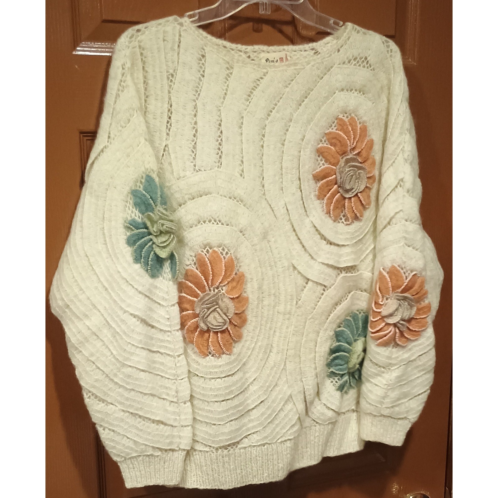 Lim’s Mohair Sweater Women Large Cream 3D Floral Applique *Vintage* Art to Wear