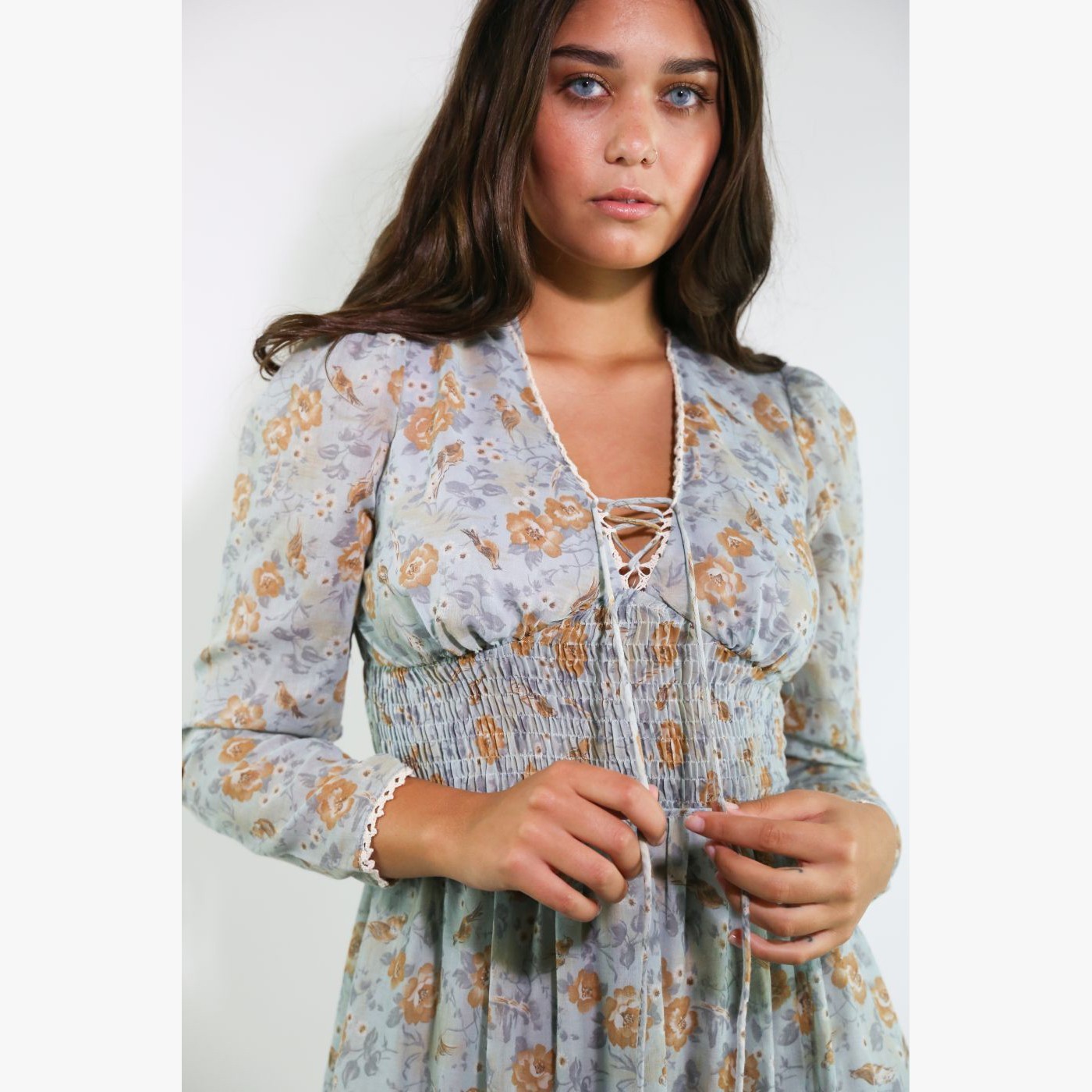 Vintage 1970’s Blue & Brown Floral Prairie Dress Maxi Size 6