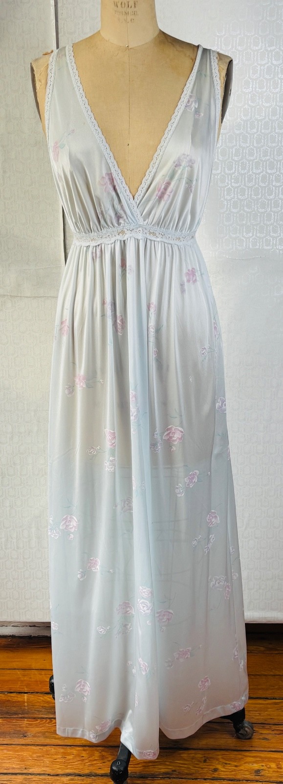 VTG TIMELESS CLASSICS BLUE SHEER FLORAL PRINT LACE TRIM NEGLIGEE NIGHTGOWN*S/M