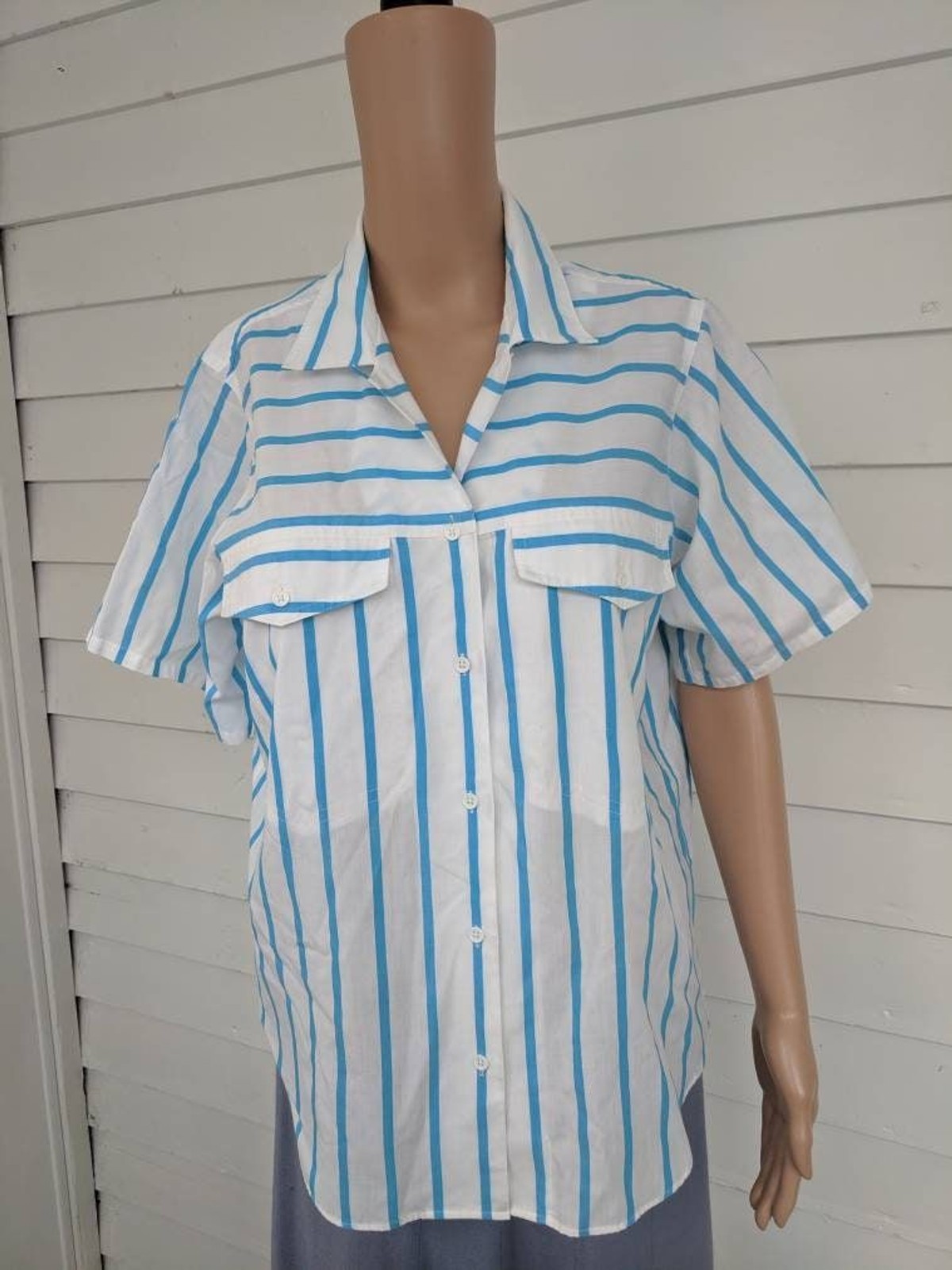 80s White Striped Summer Blouse Cotton Blend Casual Short Sleeve Button Down M