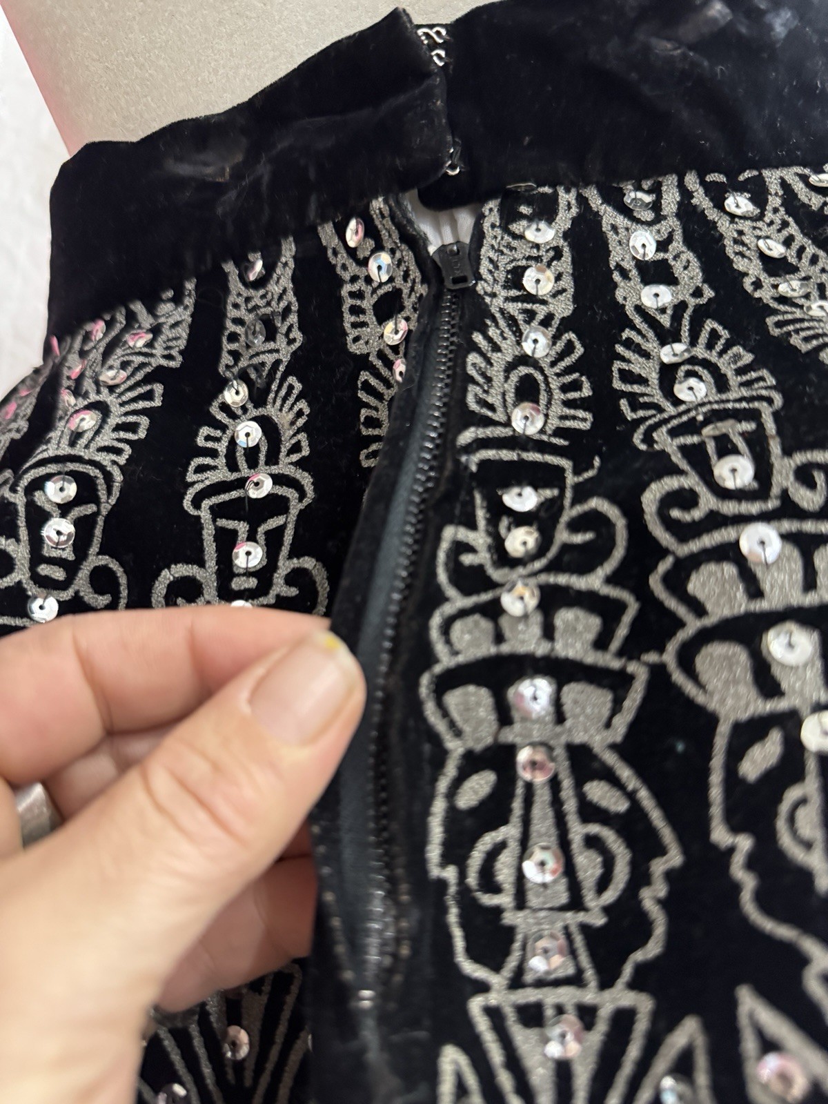 Vintage Velvet black circle skirt-Hand painted-Sequin-1950s-Skate-Silver-Deity-M