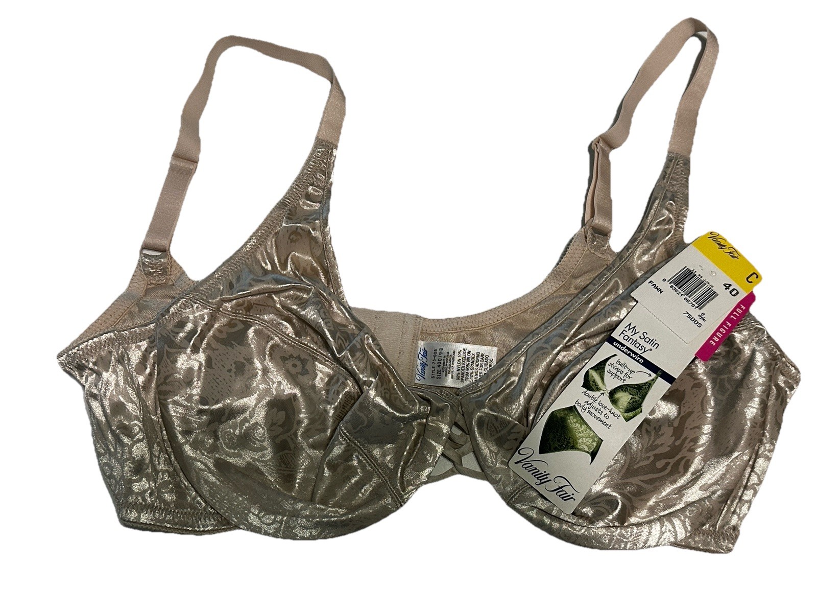 New Vtg Vanity Fair Bra 40C Fawn jacquard Satin Fantasy Double Love Underwire