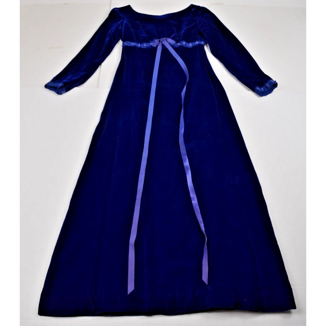 Vintage Dress Size S 70s Blue Velvet Ribbon Trim Empire Waist Button Back