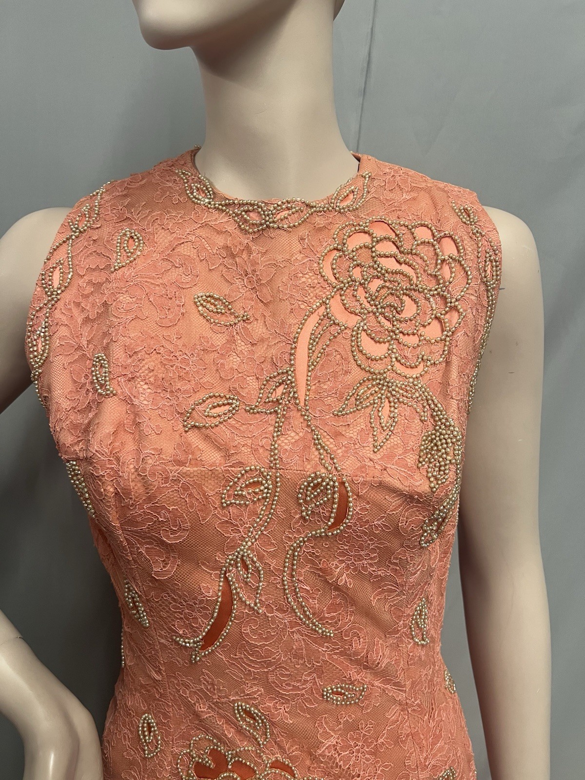 Elegant 1950’s Peach Beaded Lace Evening Gown Mory Roen Couture