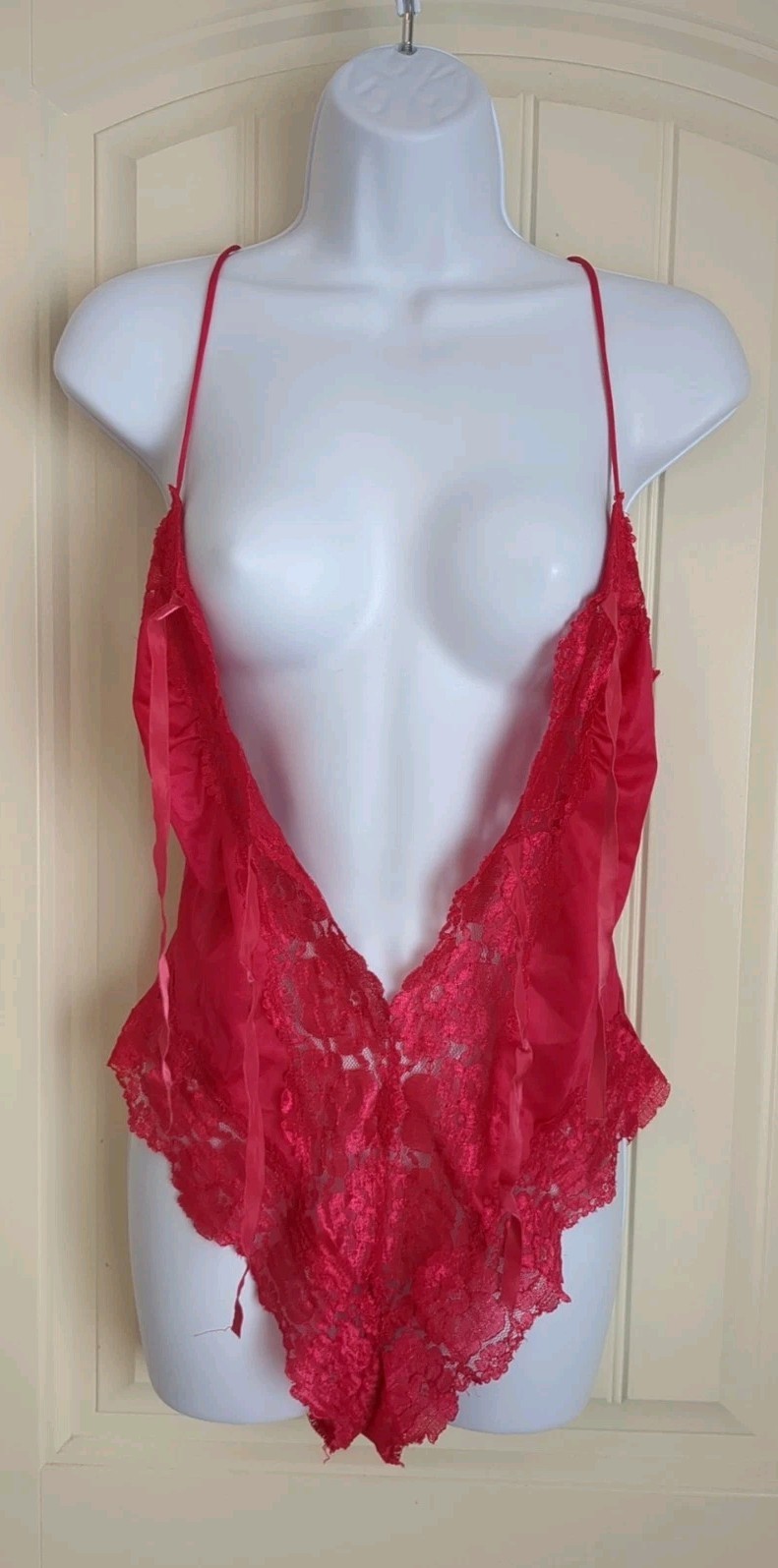 VTG ALANA GALE TEDDY BODYSUIT PLAYSUIT ROMPER PLUNGE HIGH LEG LACE NYLON RED MED