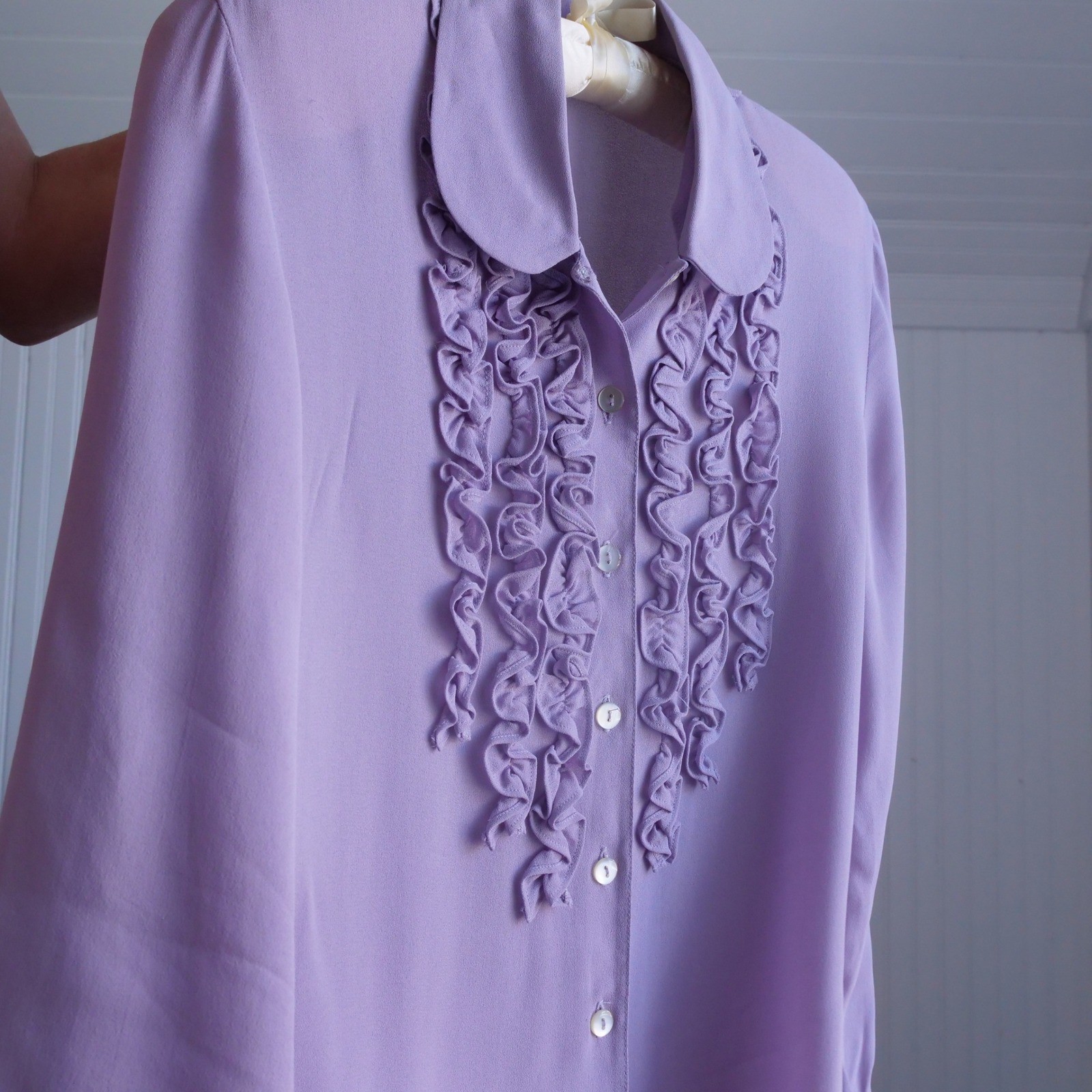 See sweetest vintage 1990s lilac semisheer tuxedo ruffle button down blouse