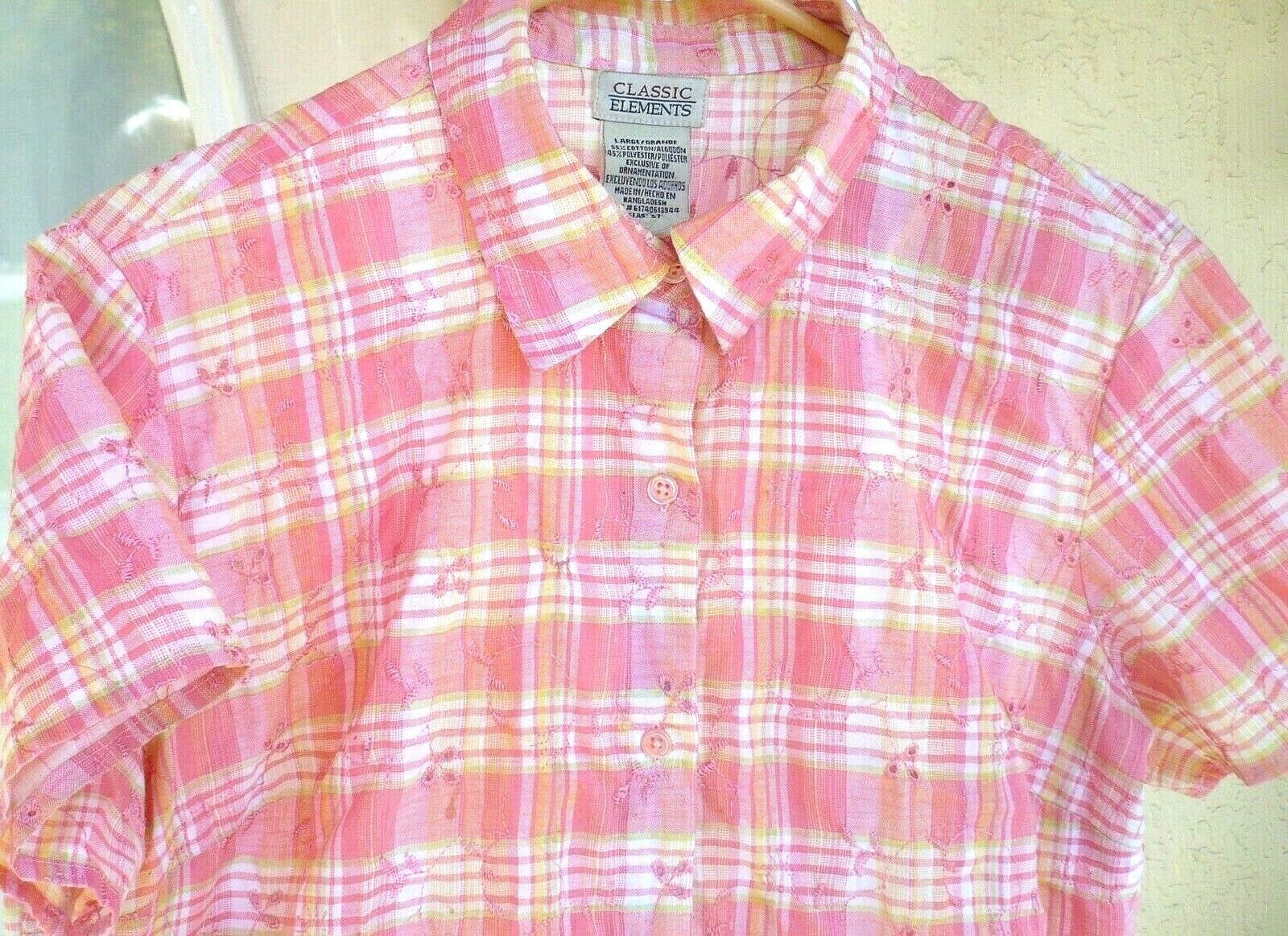 VTG CLASSIC ELEMENTS M L EMBROIDERED EYELET EASTER PINK PEACH PLAID BLOUSE SHIRT