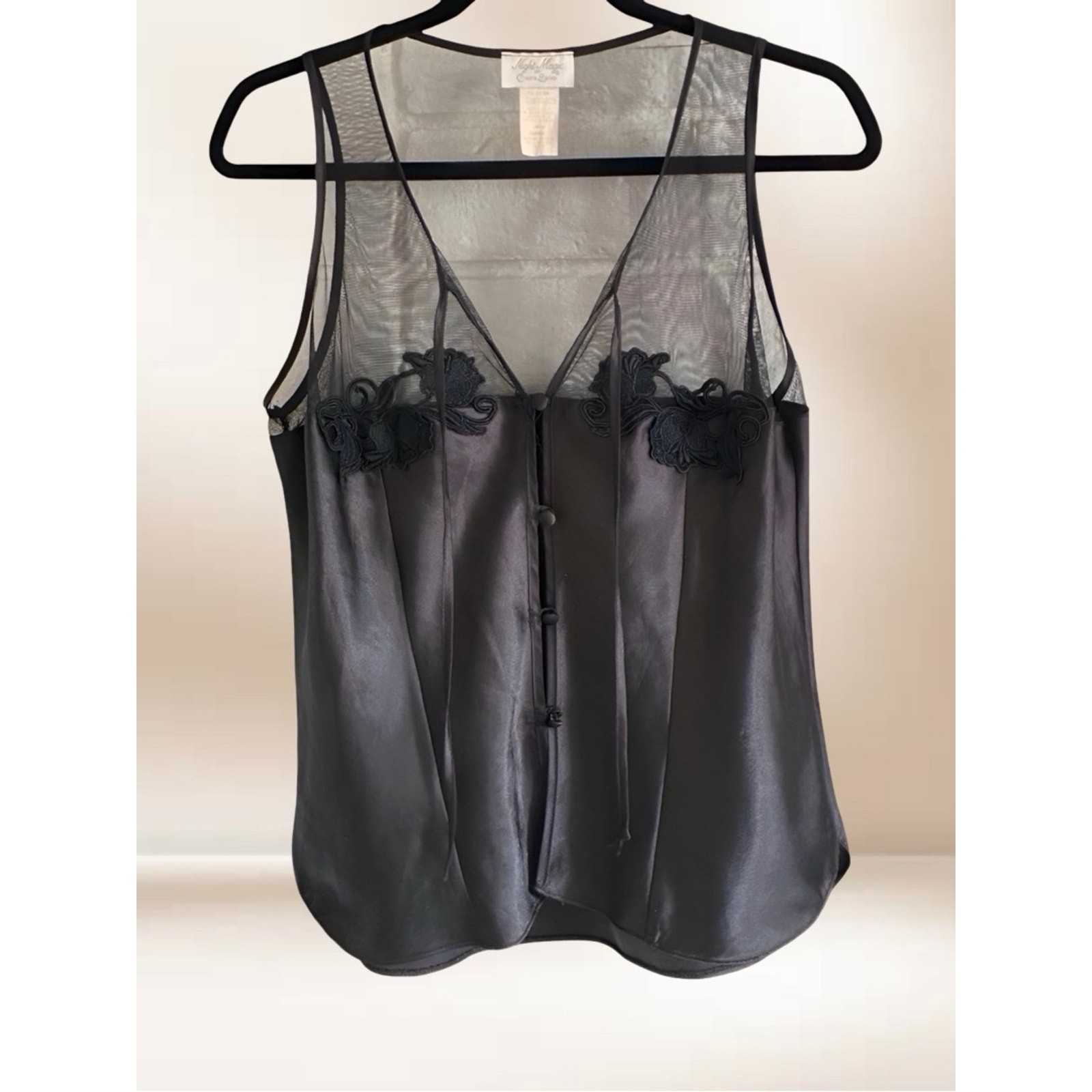 Night Magic by Cinema Etoile Black Satin & Mesh Cami with Floral Appliqué L