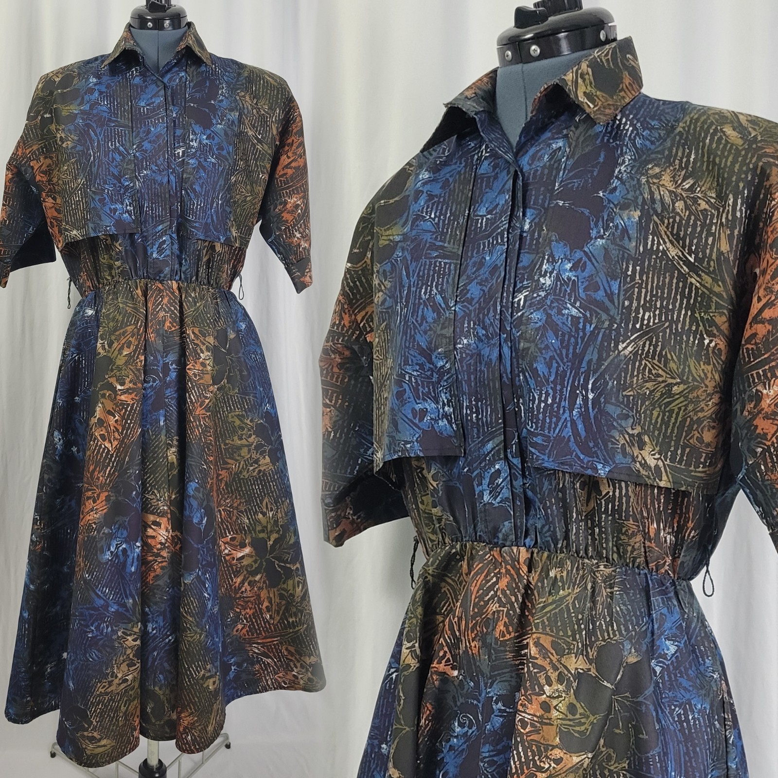 Vintage Kirsten Grey Blue/Brown/Rust/Black Printed Blouson Dress Size 6
