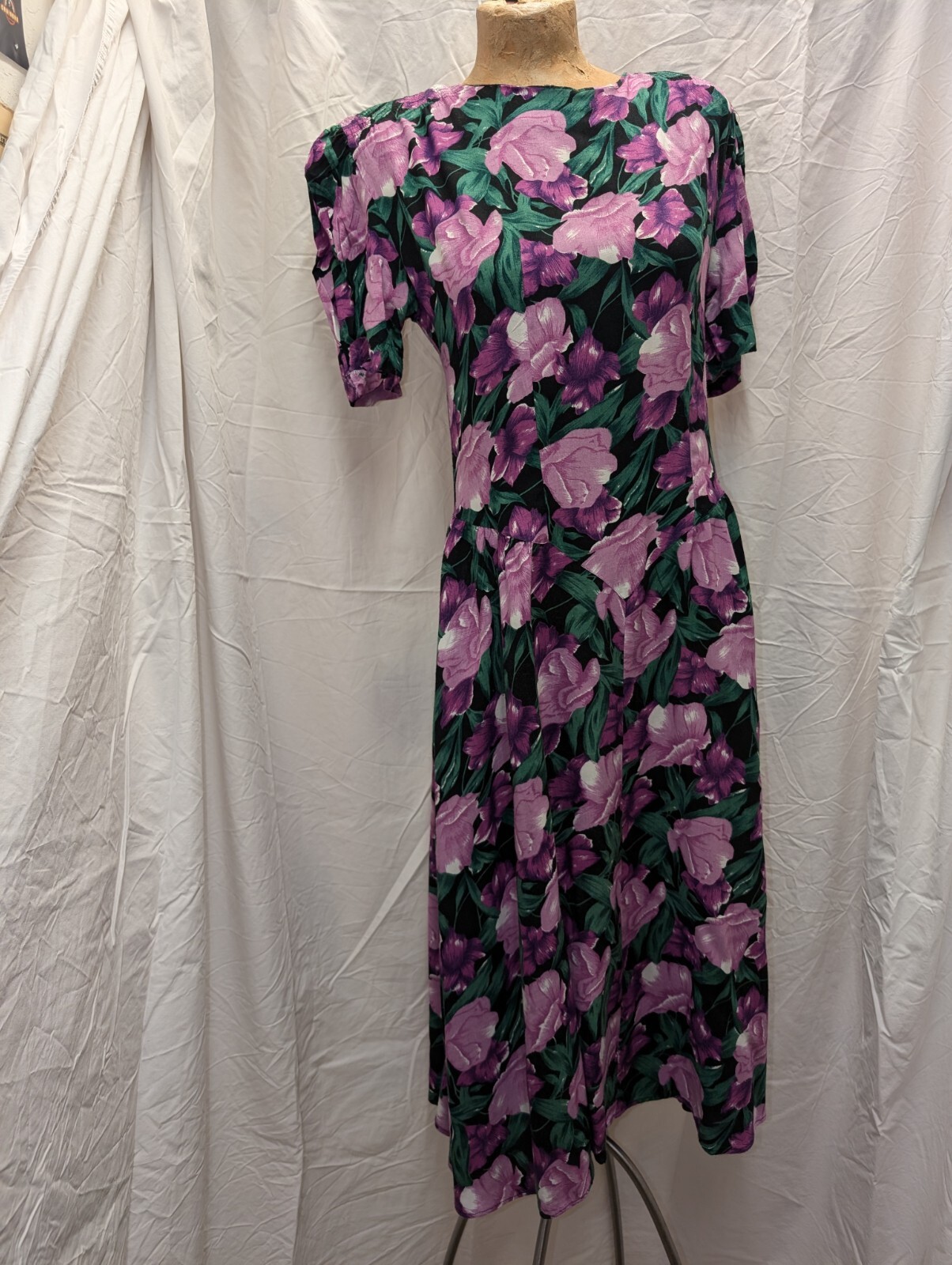 1980’s Black Purple Green White Rayon Dress by Country Romance Size 7/8