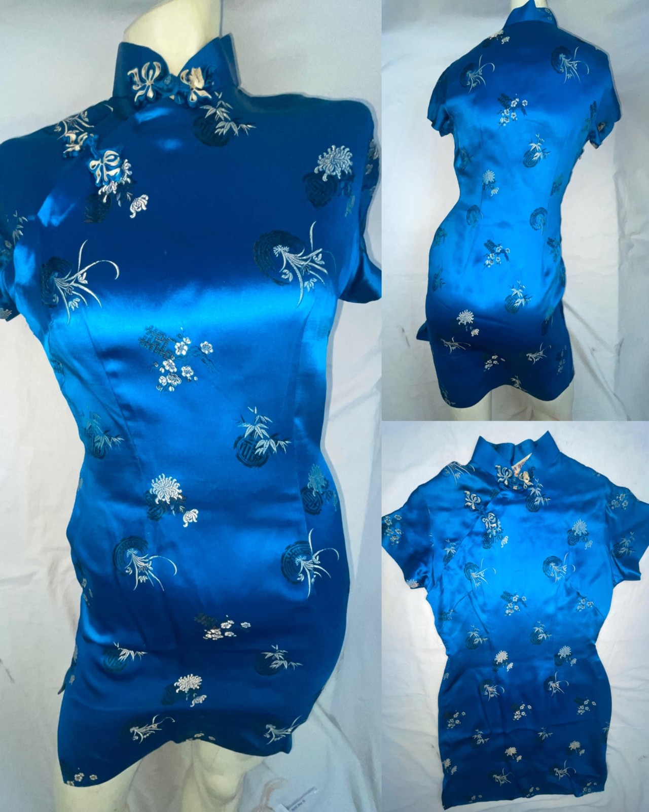 VTG 60S WOMENS S BLUE ASIAN ORIENTAL SHORT MINI SATIN SILK QIPAO CHEONGSAM DRESS