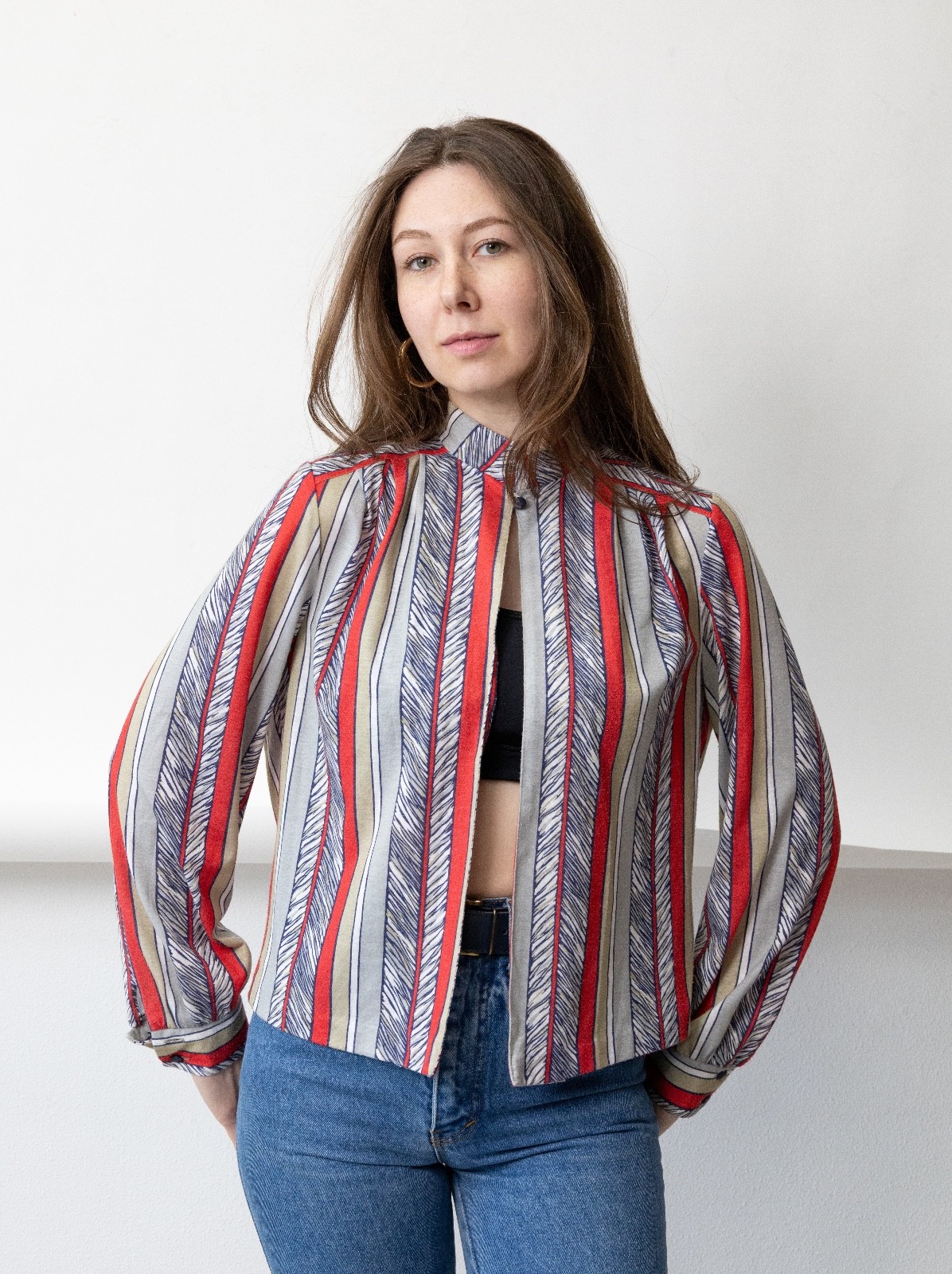 Vintage 70s Striped Blouse Red Navy Bishop Sleeve Folk Prairie Boho Womens M
