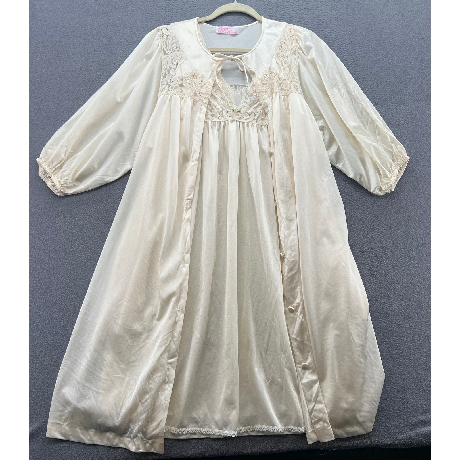 VTG Quinn for Wonder Maid Ivory Lace Peignoir Set Nightgown Robe Set 2pc Cream