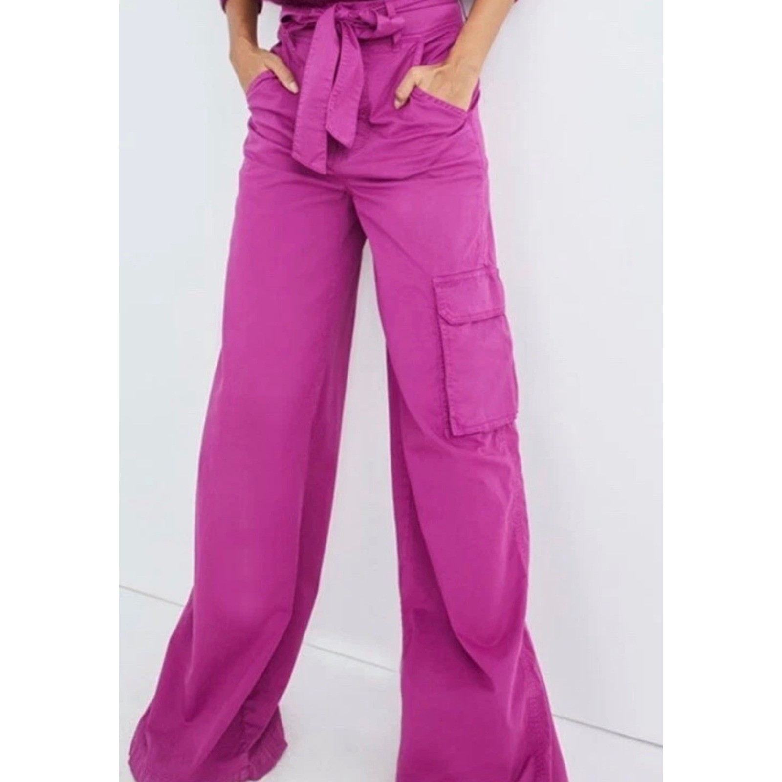 Veronica Beard Jeans Belisa Wide Leg High Rise Cargo Pants Magenta Size 26