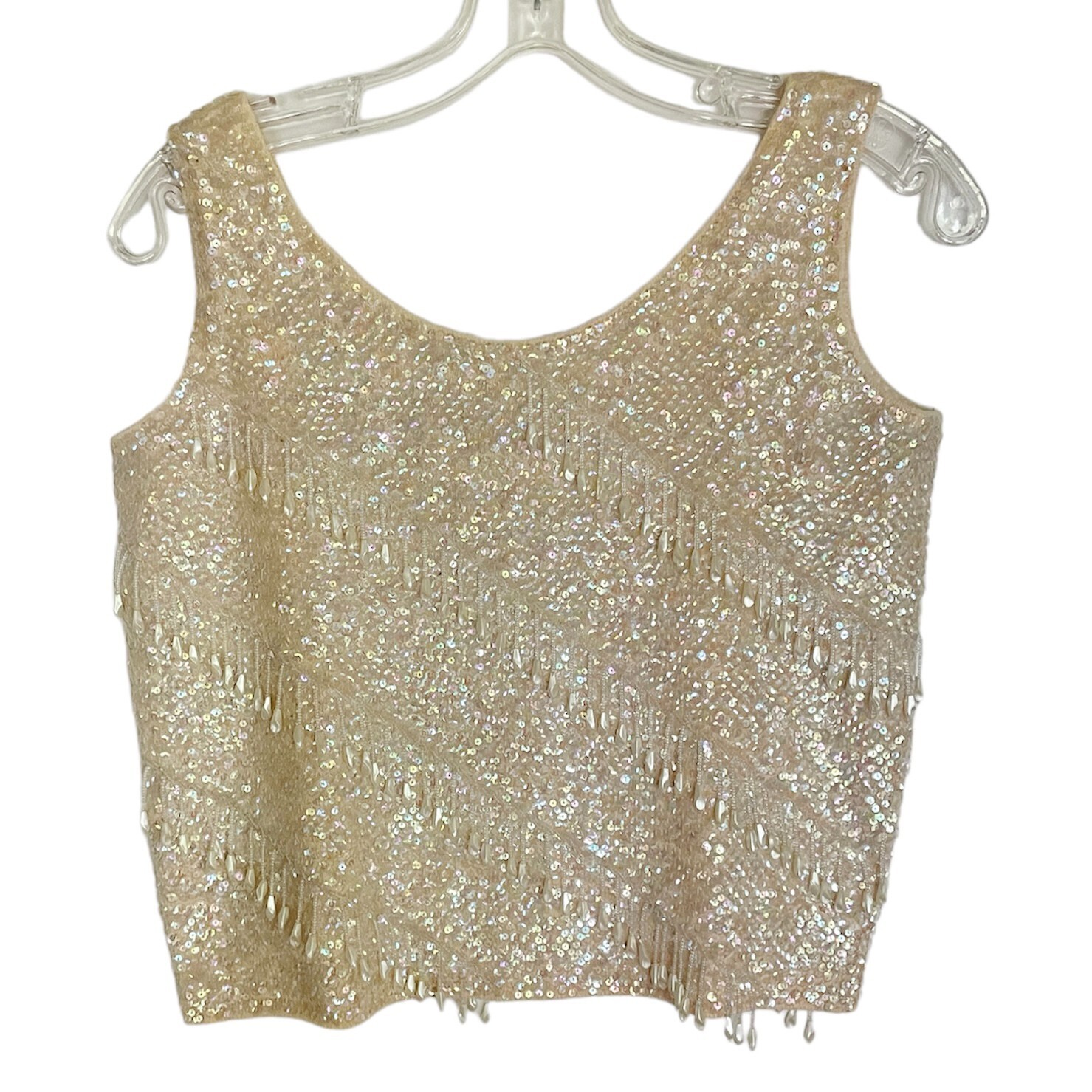 Vintage Sequined Cocktail Tank Top/Shell w/Beaded Tassels – Size SMALL – Ivory