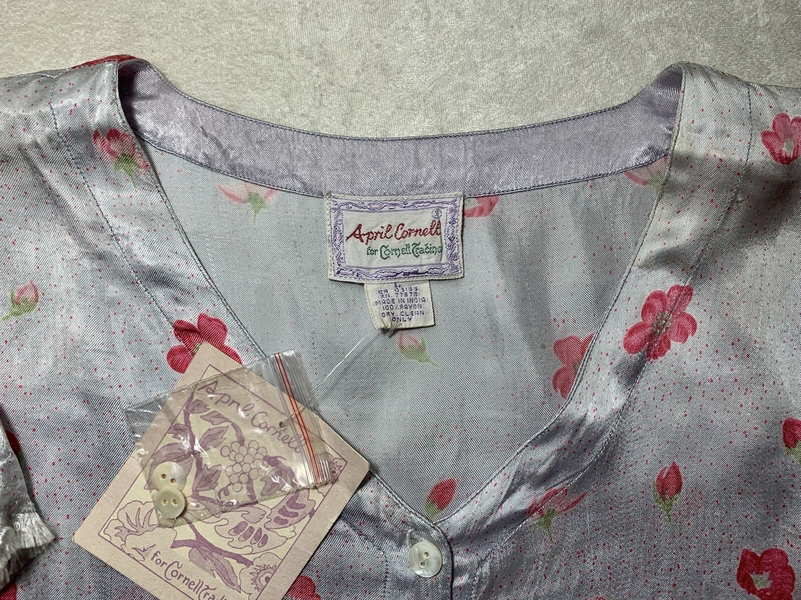 April Cornell Top And Skirt Set Blue And Pink Satin Flowers Size L NWT