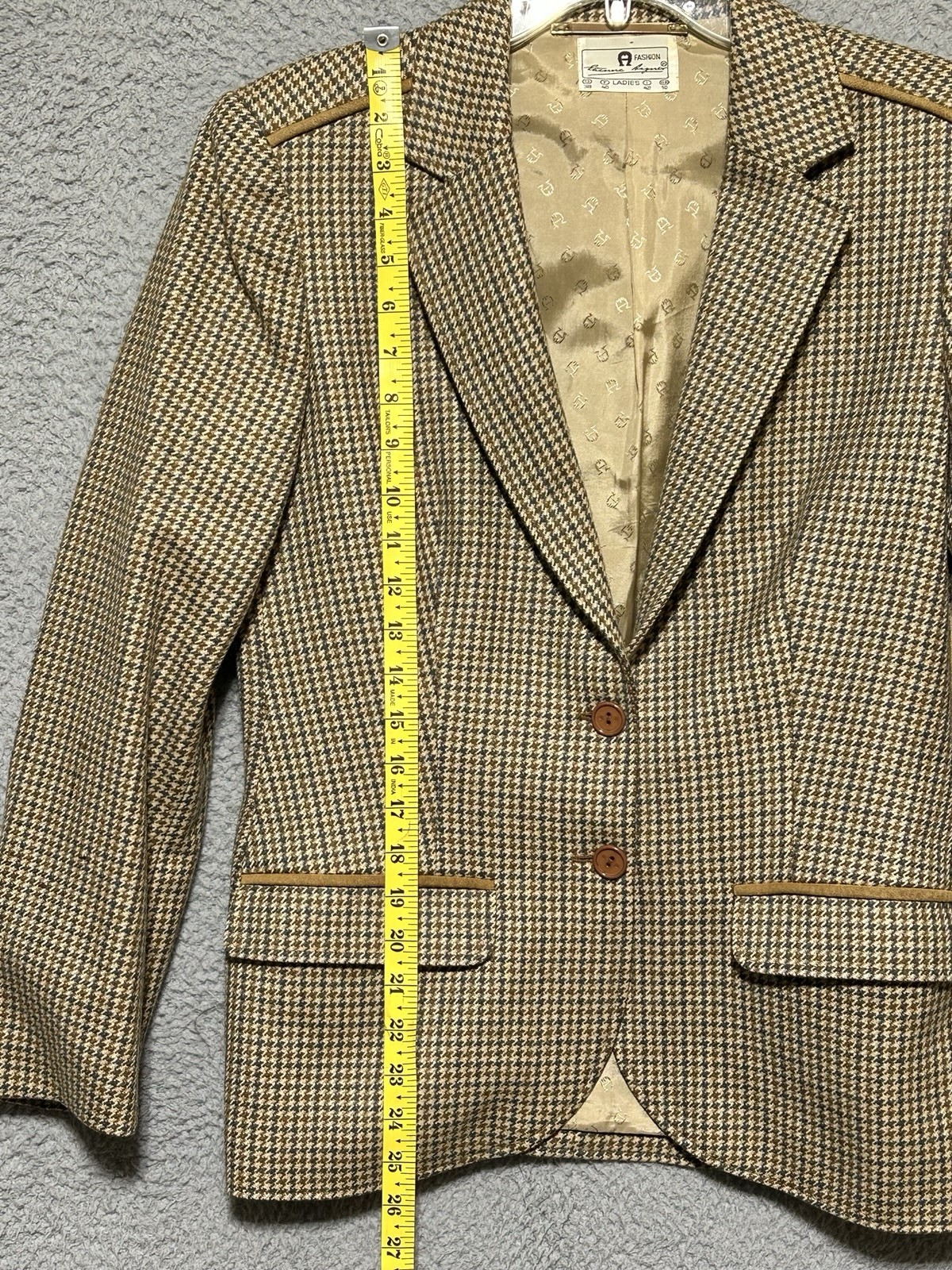 Ettienne Aigner Vintage Womens L Houndstooth Blazer Jacket 2 Button Lined Piping