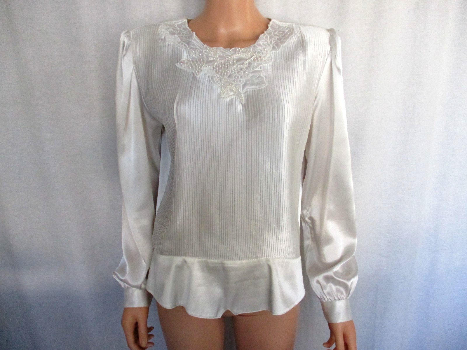 Nicola Blouse Size 14 White Pleated Front Beaded Neckline Vintage Polyester