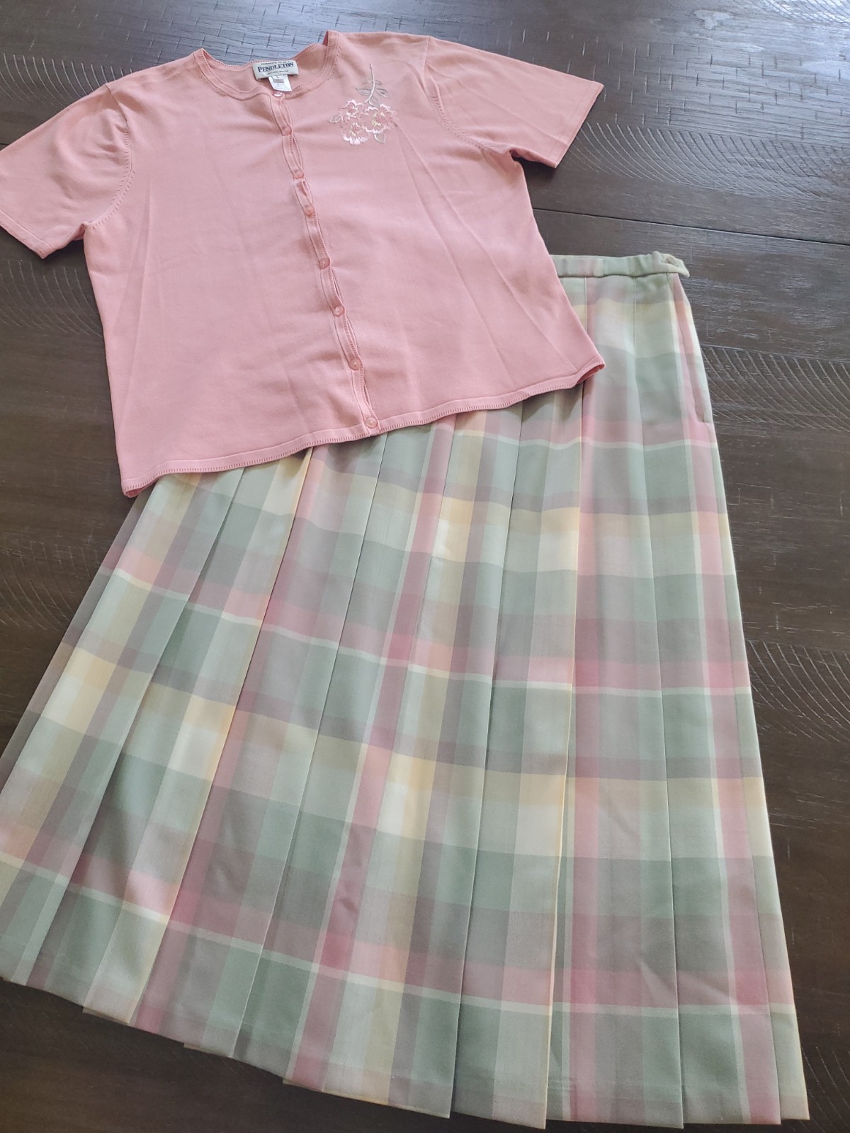 VNTG PENDELTON 2pc Plaid Virgin Wool Skirt & Pink Silk Blend Blouse Top 16 USA