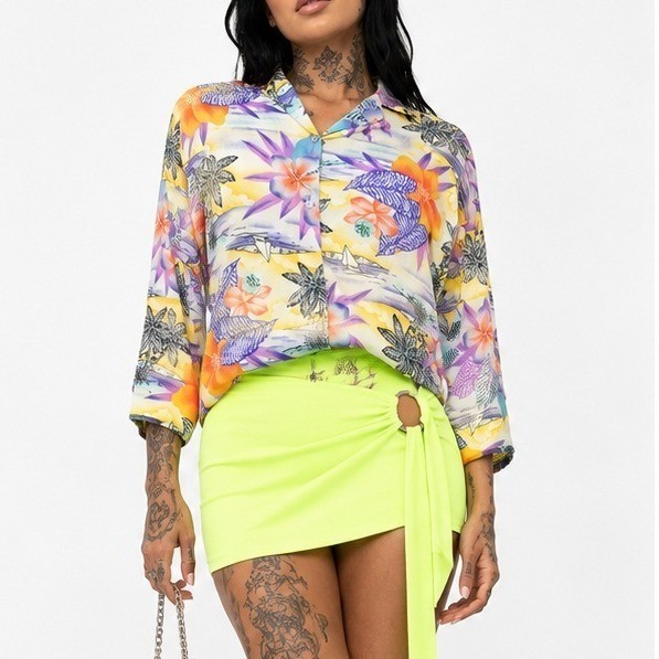 80s Tropical Print Top Scenic Neon Hawaii Vacation Button Up Cotton Voile Sz 2XL