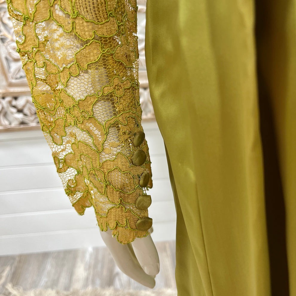 60s Mod Chartreuse Green Lace Elegant Evening Dress